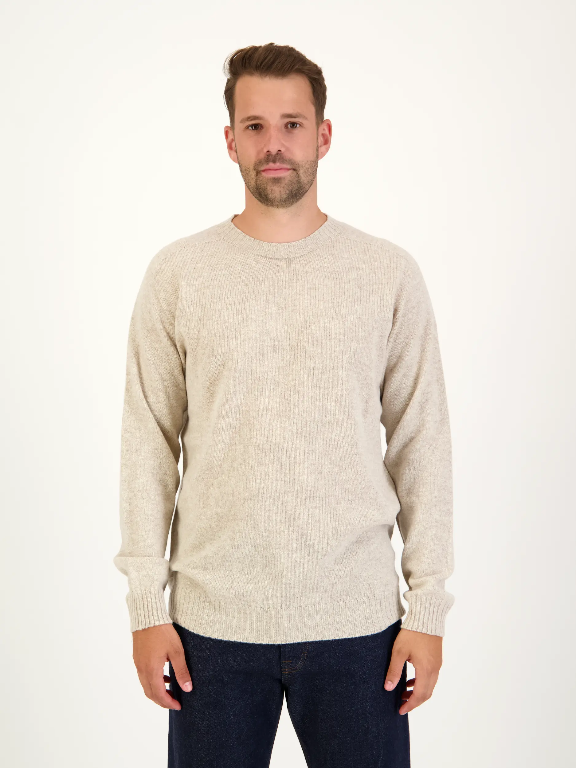 Pullover aus Wolle langarm - Artikel Vorderseite getragen von einem Modell - Farbe: Beige