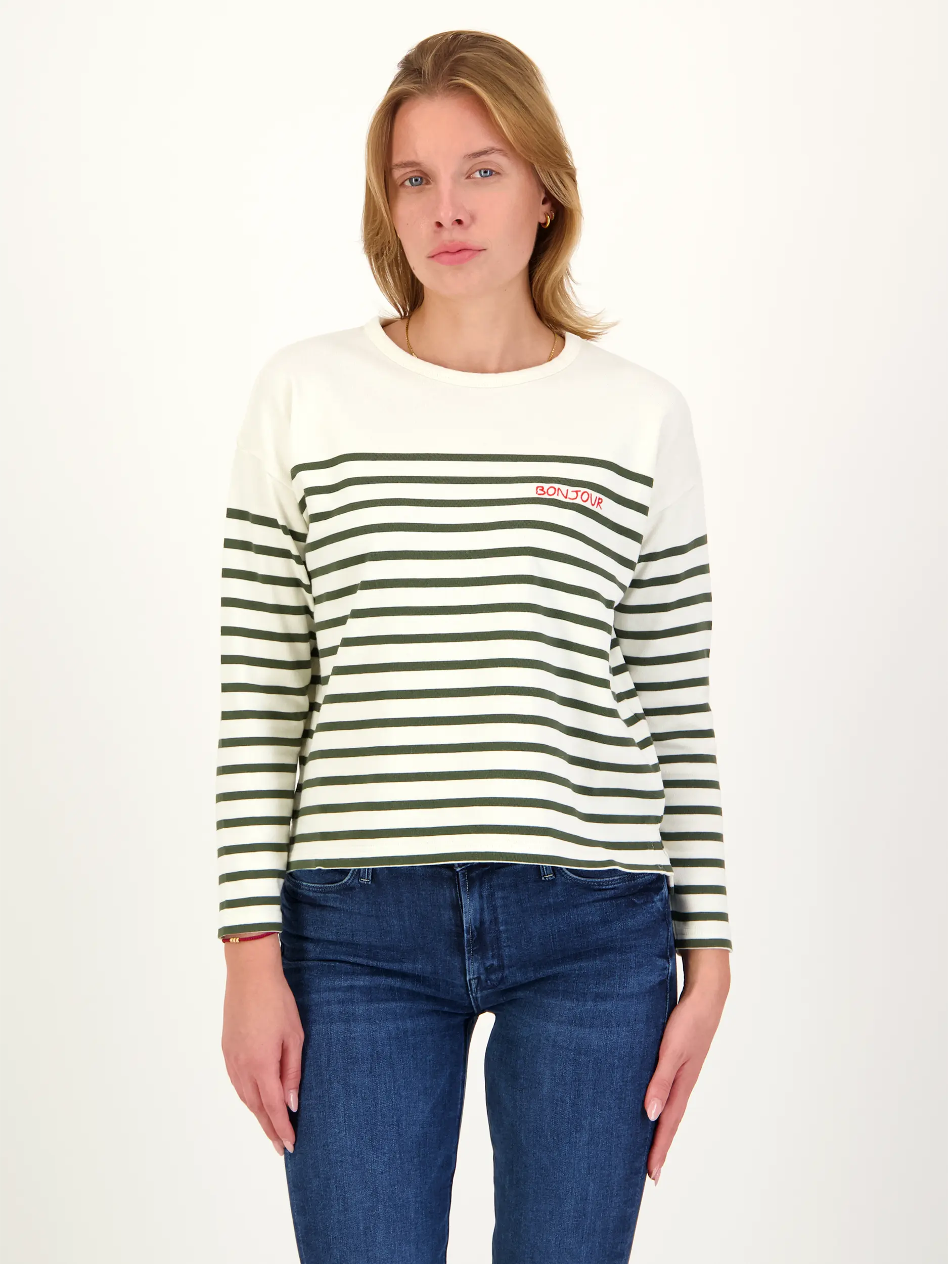 Gestreiftes Langarmshirt - Artikel Vorderseite getragen von einem Modell - Farbe: Grün