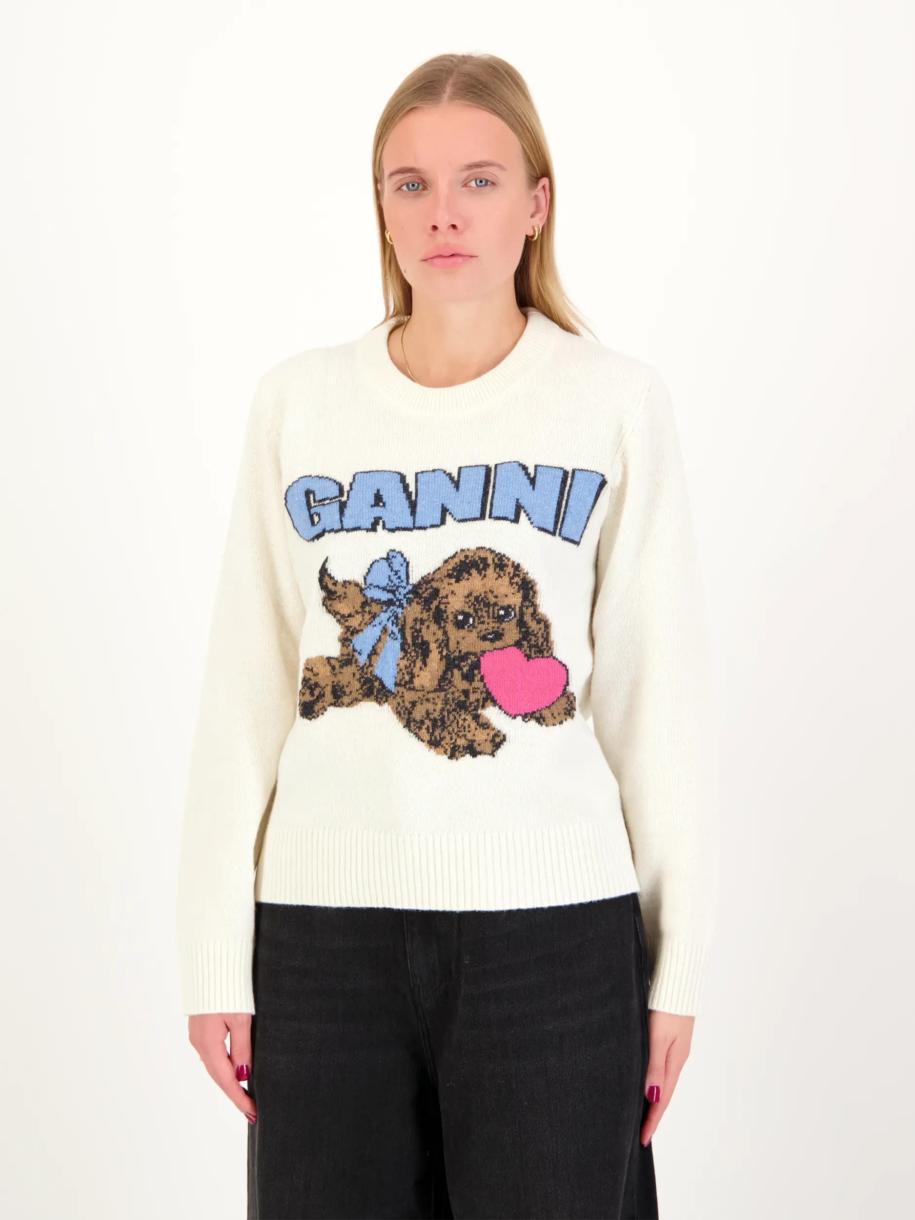 Pullover aus Wolle mit Print langarm - Artikel Vorderseite getragen von einem Modell - Farbe: Creme