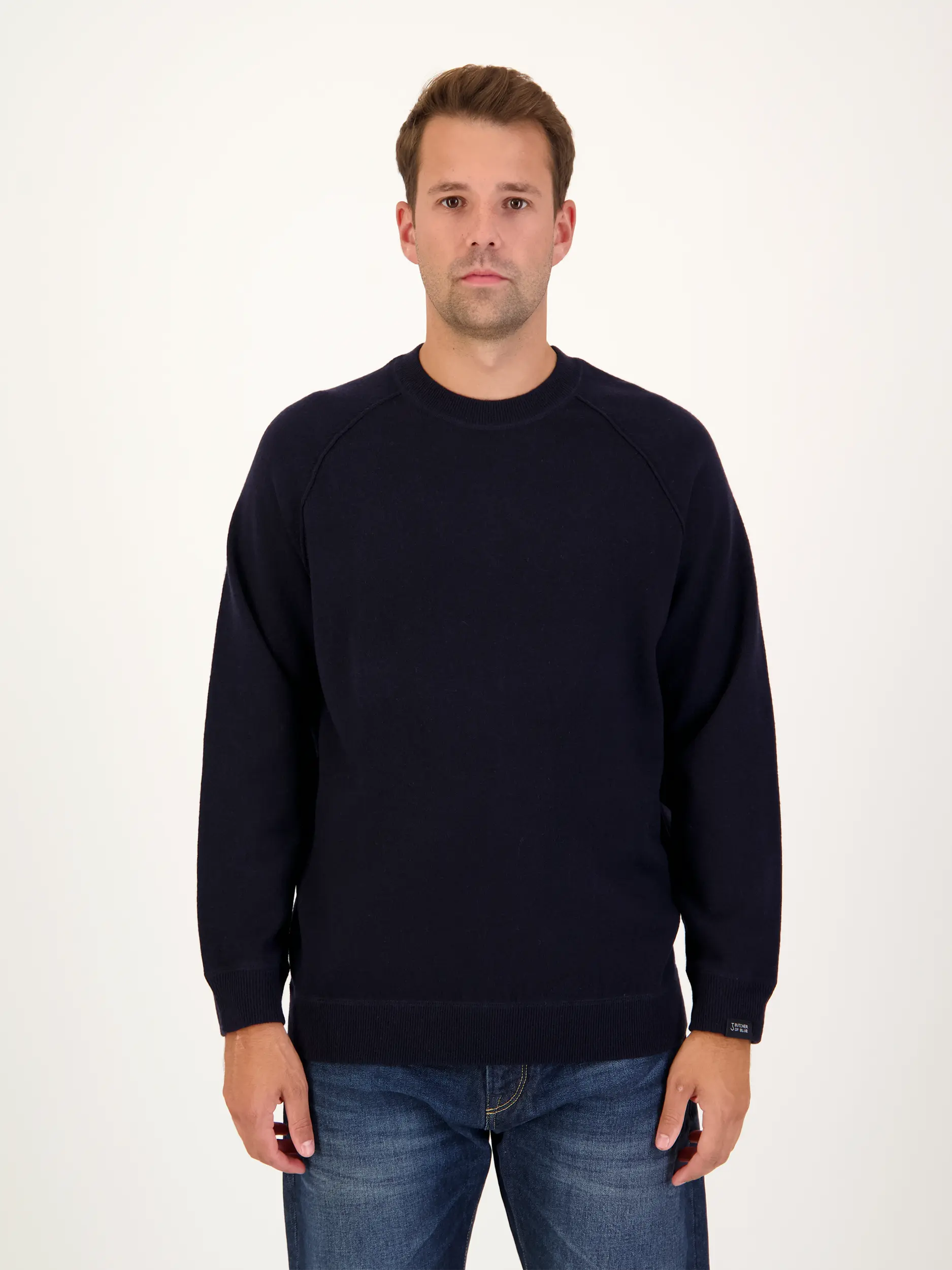 Pullover 'Clifden' aus Woll-Mix langarm - Artikel Vorderseite getragen von einem Modell - Farbe: Blau