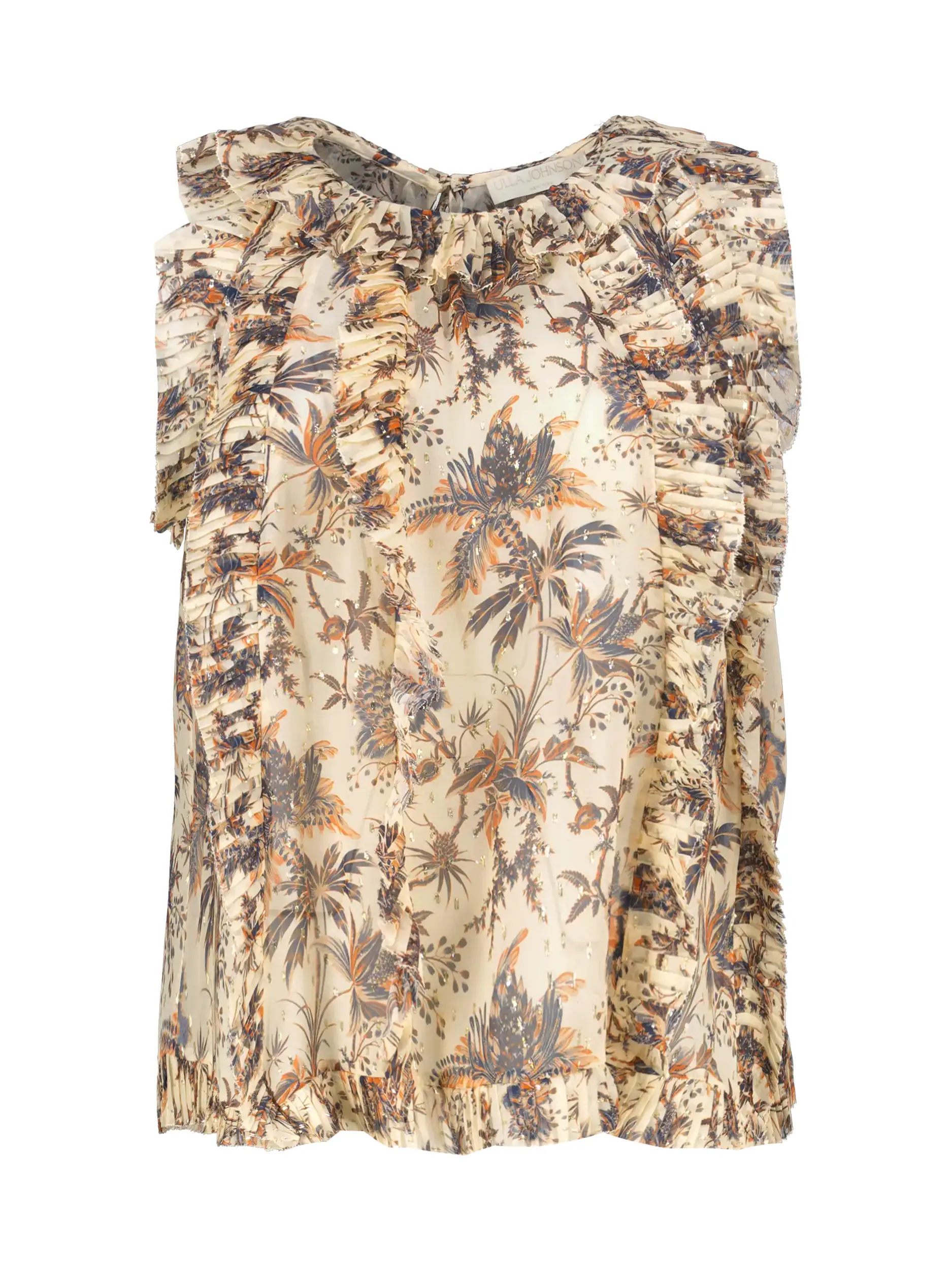 Geblümte Seidenbluse 'Sabra' mit Rüschen ärmellos - Artikel Vorderseite - Farbe: Creme