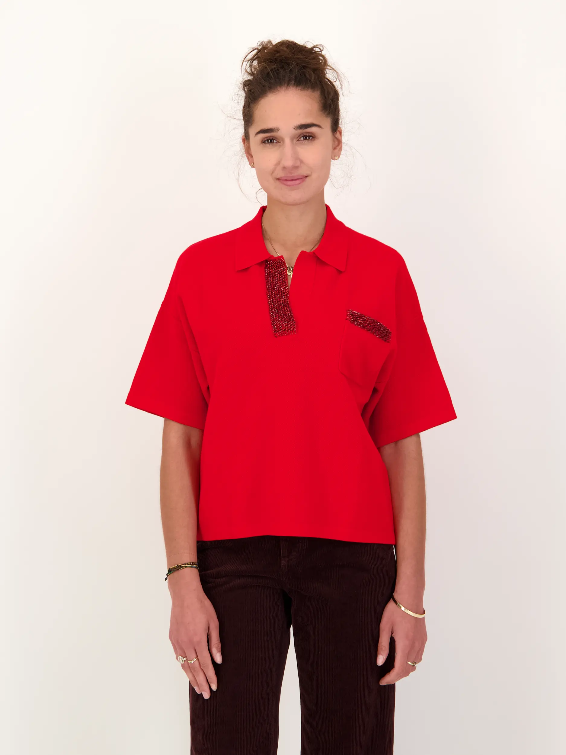 Poloshirt 3/4 Arm - Artikel Vorderseite getragen von einem Modell - Farbe: Rot