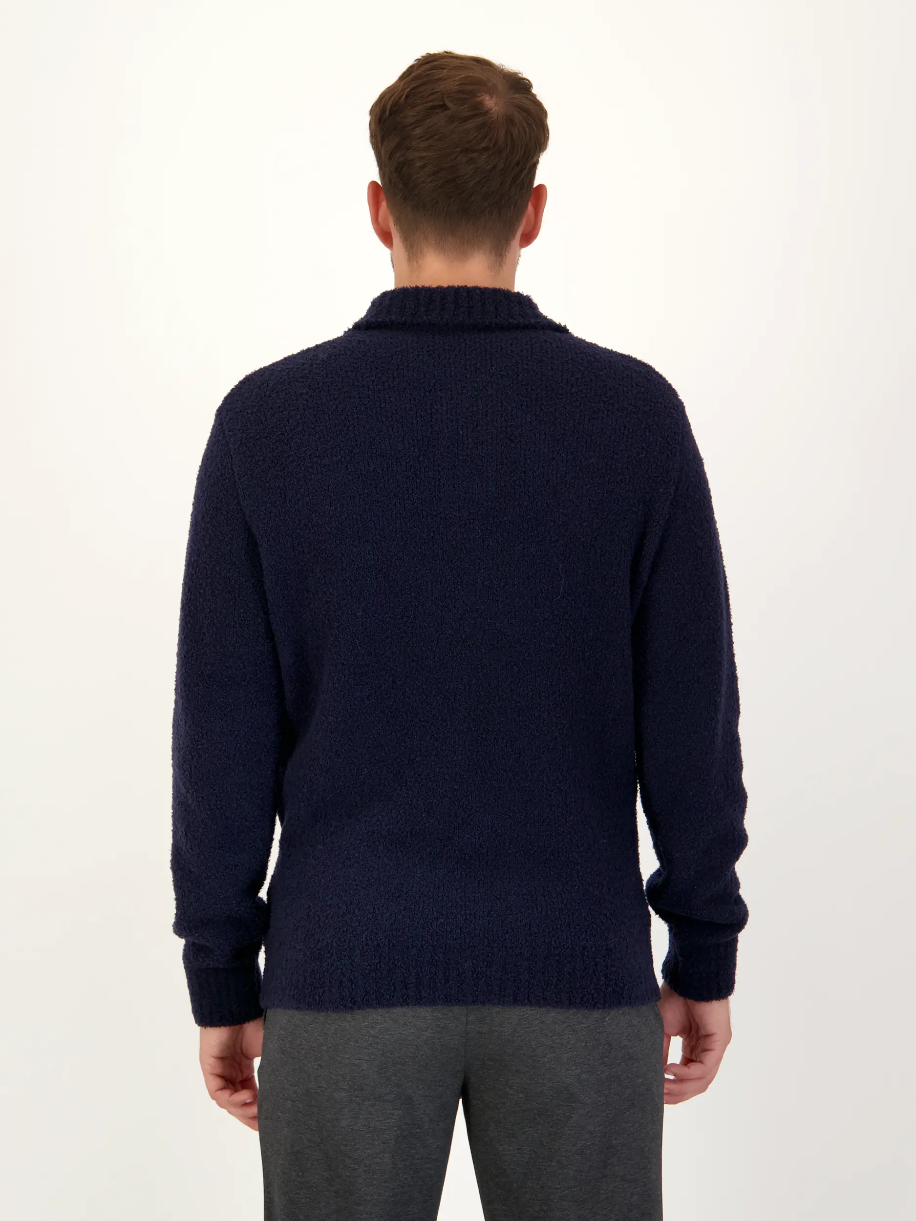 Pullover aus Merinowoll-Mix langarm - Artikel Rückseite getragen von einem Modell - Farbe: Blau