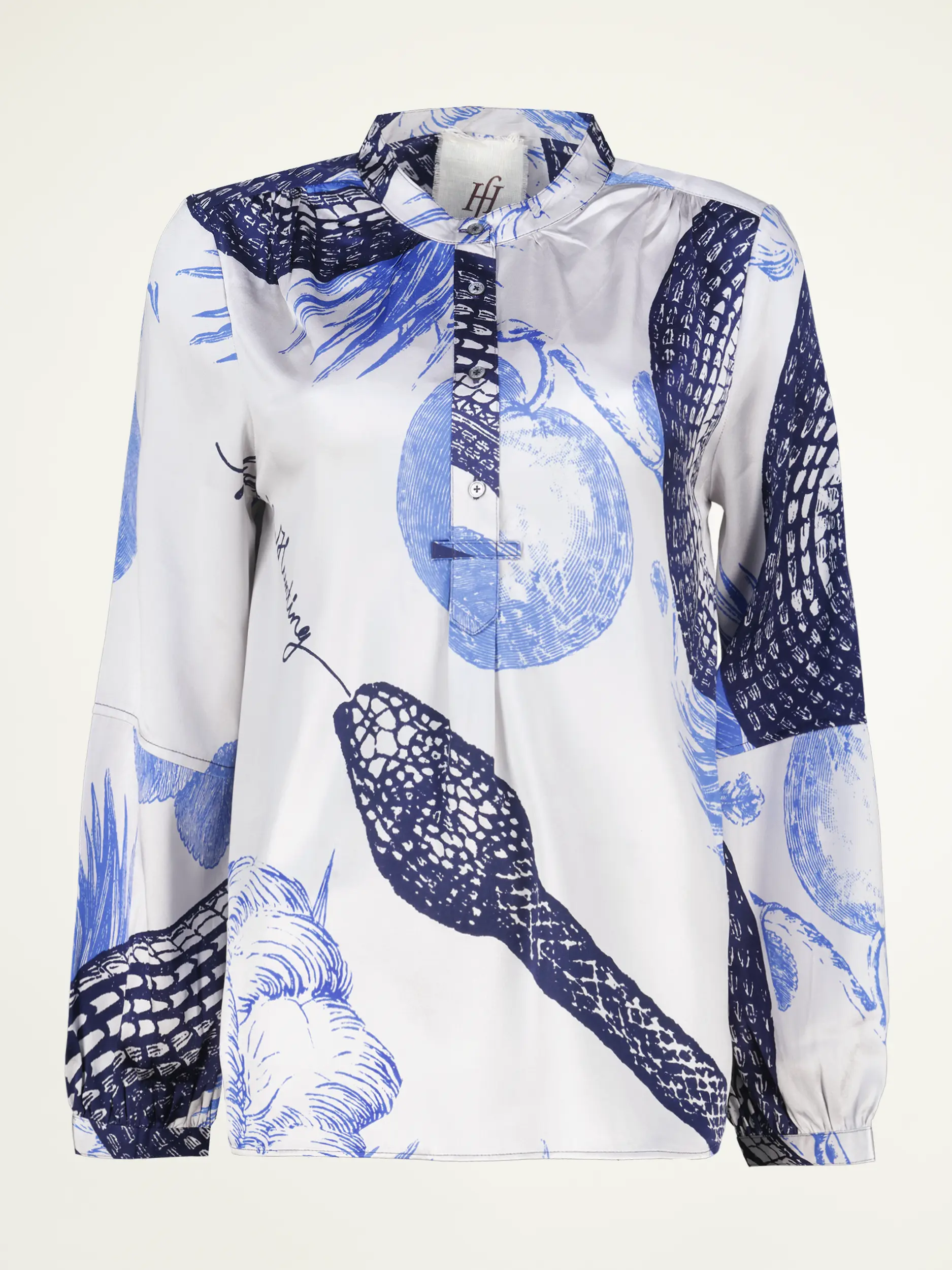 Gemusterte Bluse 'Mitra Garden Eden' aus Seide langarm - Artikelansicht - Farbe: Blau