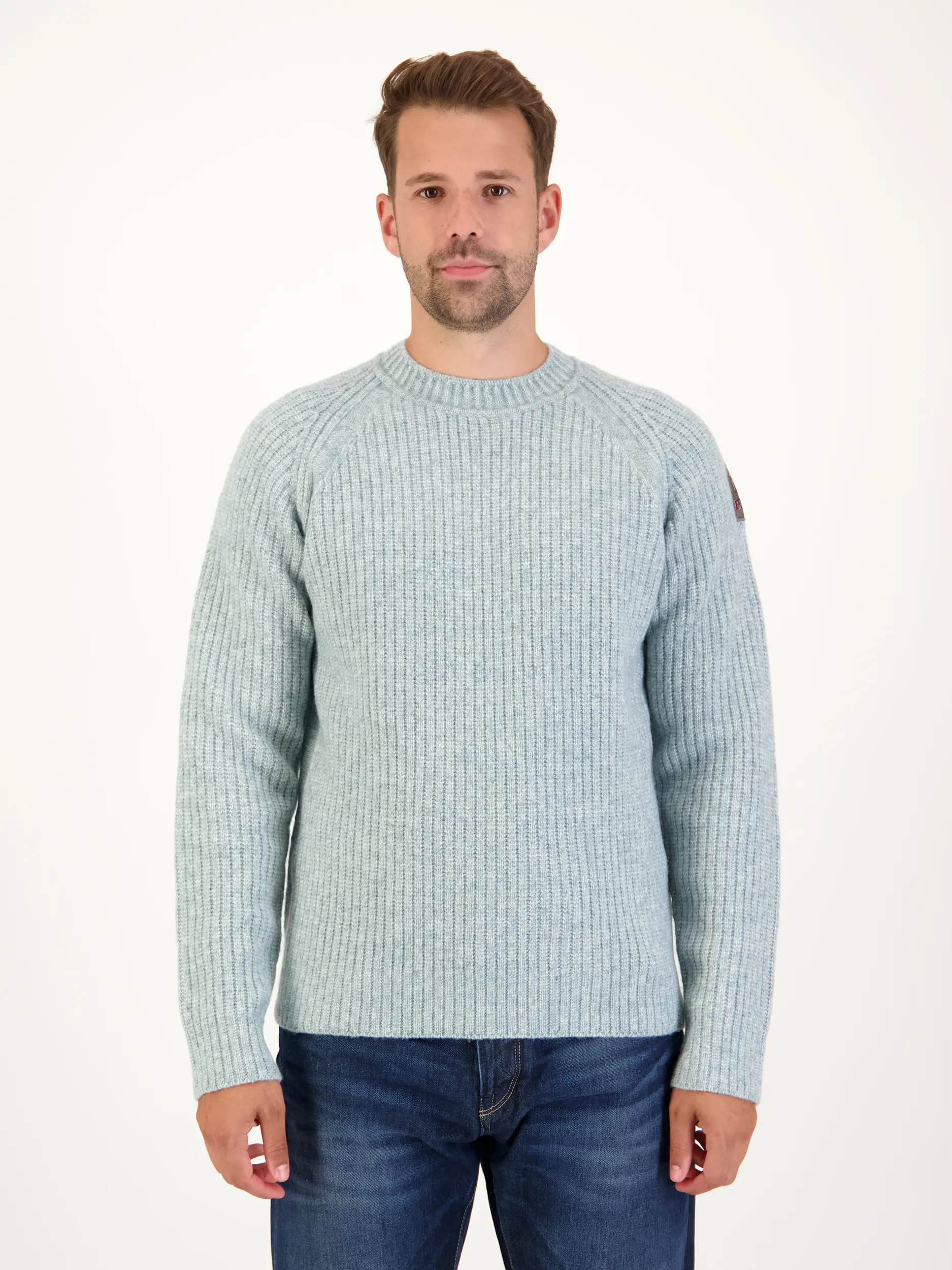 Pullover 'Barrow' aus Woll-Mix langarm - Artikel Vorderseite getragen von einem Modell - Farbe: Grün