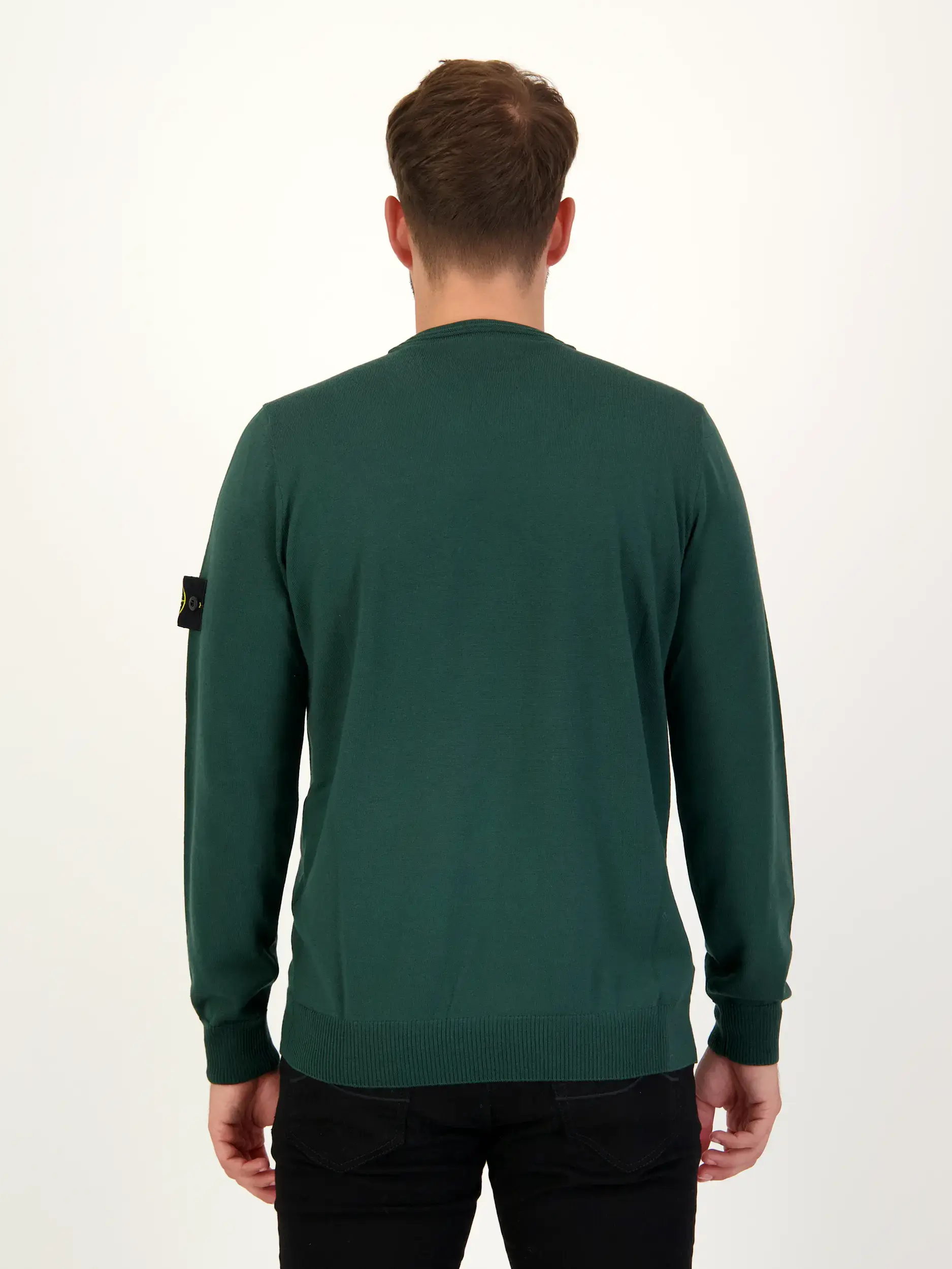 Pullover aus Schurwolle langarm - Artikel Rückseite getragen von einem Modell - Farbe: Grün