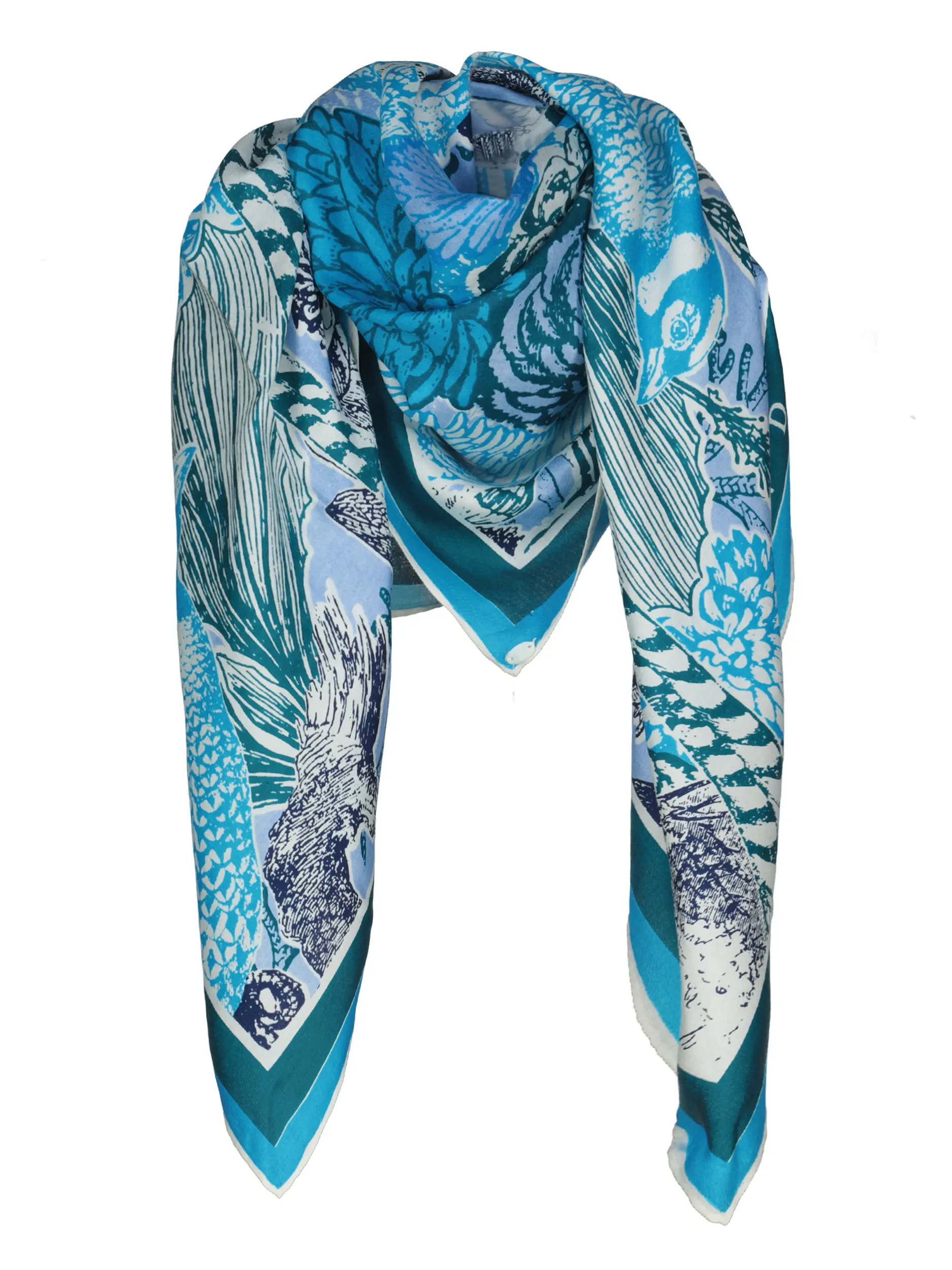 Gemustertes Tuch 'New Pheasant' aus Seide - Artikel Vorderseite - Farbe: Blau