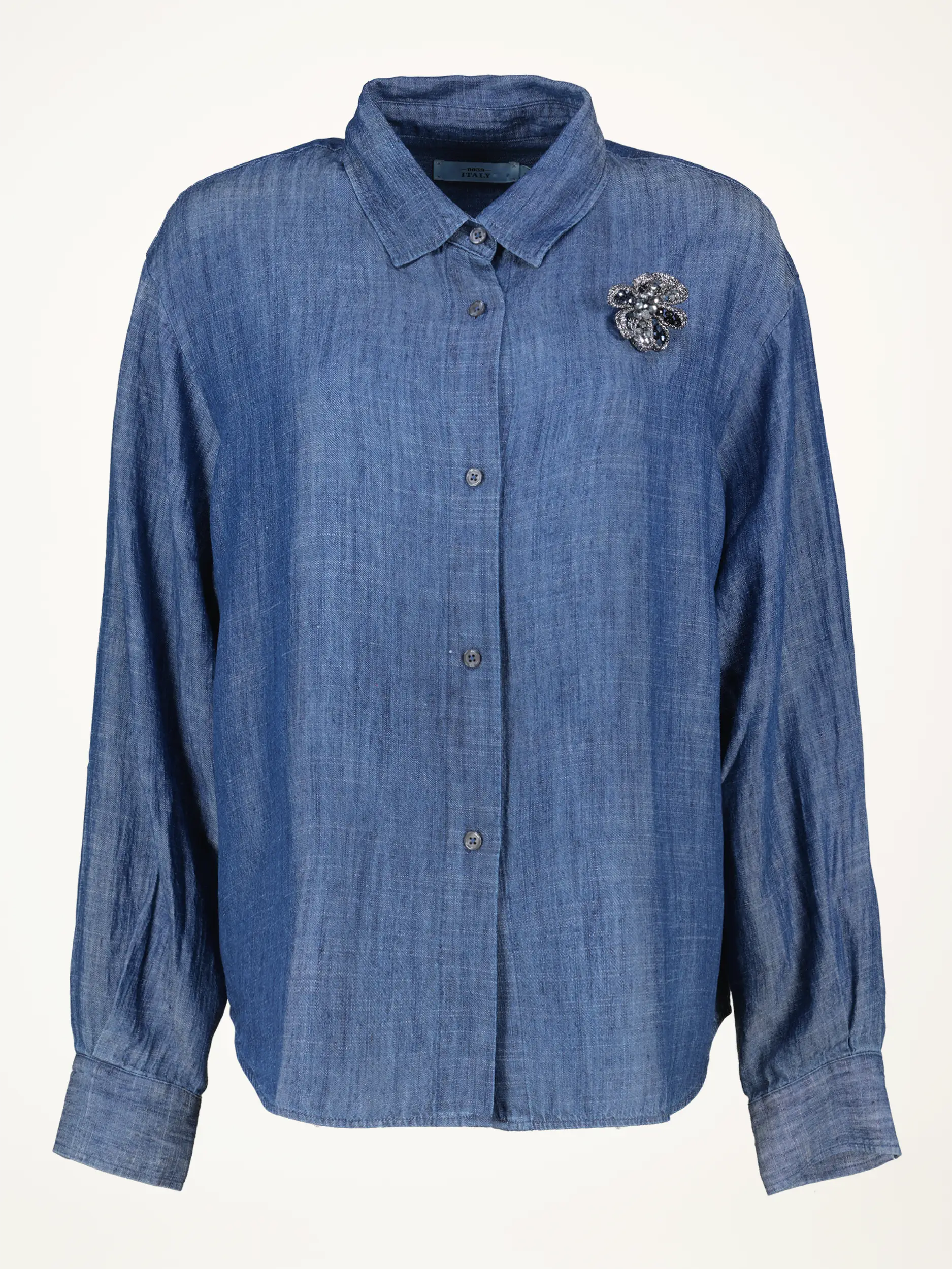 Jeansbluse 'Elsa glam' aus Leinen-Mix langarm - Artikelansicht - Farbe: Blau Jeansbluse 'Elsa glam' aus Leinen-Mix langarm - Artikelansicht - Farbe: Blau