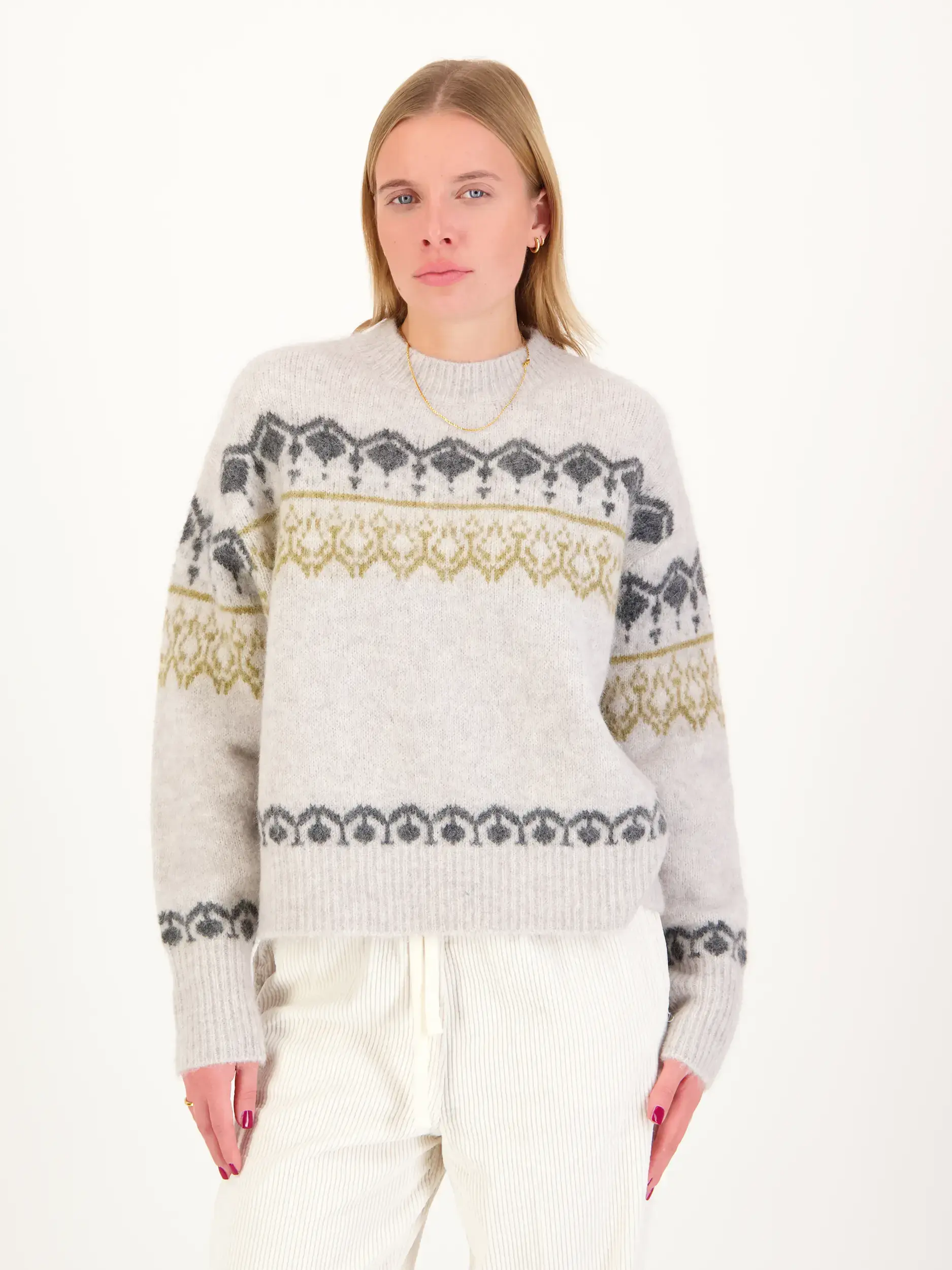 Pullover mit Norweger-Muster - Artikel Vorderseite getragen von einem Modell - Farbe: Creme