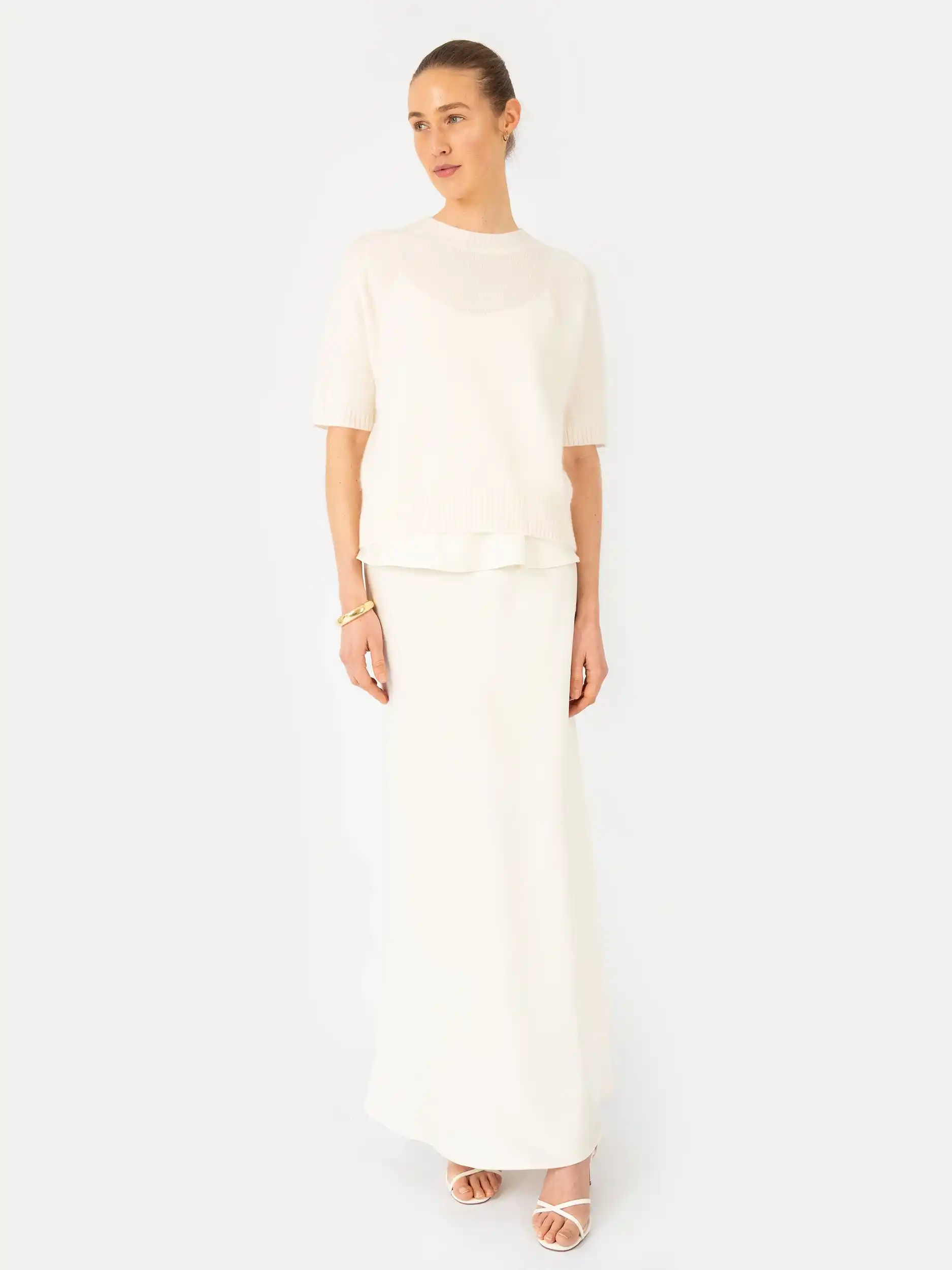 Pullover kurzarm 'Anita' aus Kaschmir-Mix - Artikel Vorderseite getragen von einem Modell - Farbe: Creme