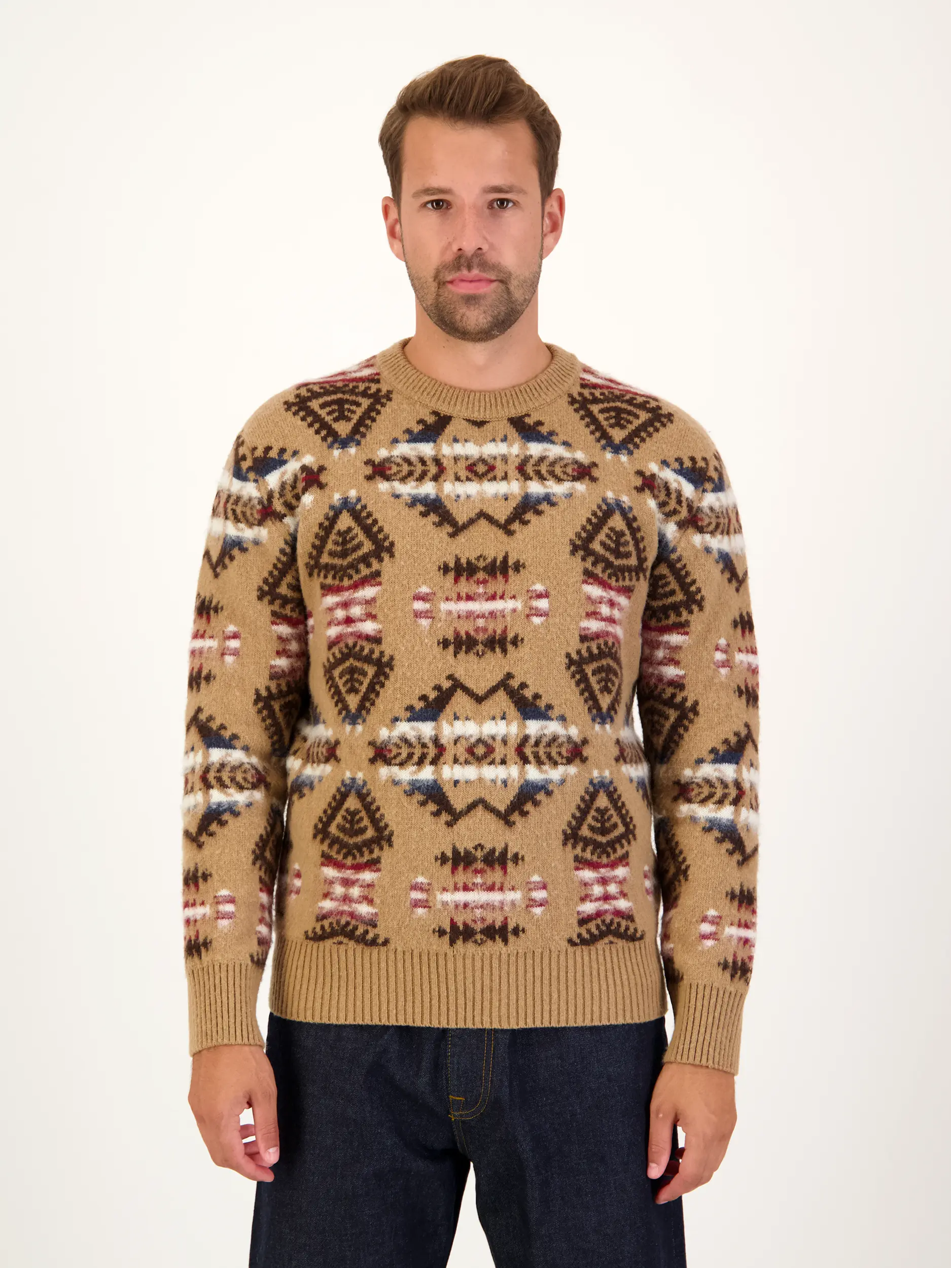 Pullover aus Schurwoll-Mix langarm - Artikel Vorderseite getragen von einem Modell - Farbe: Braun