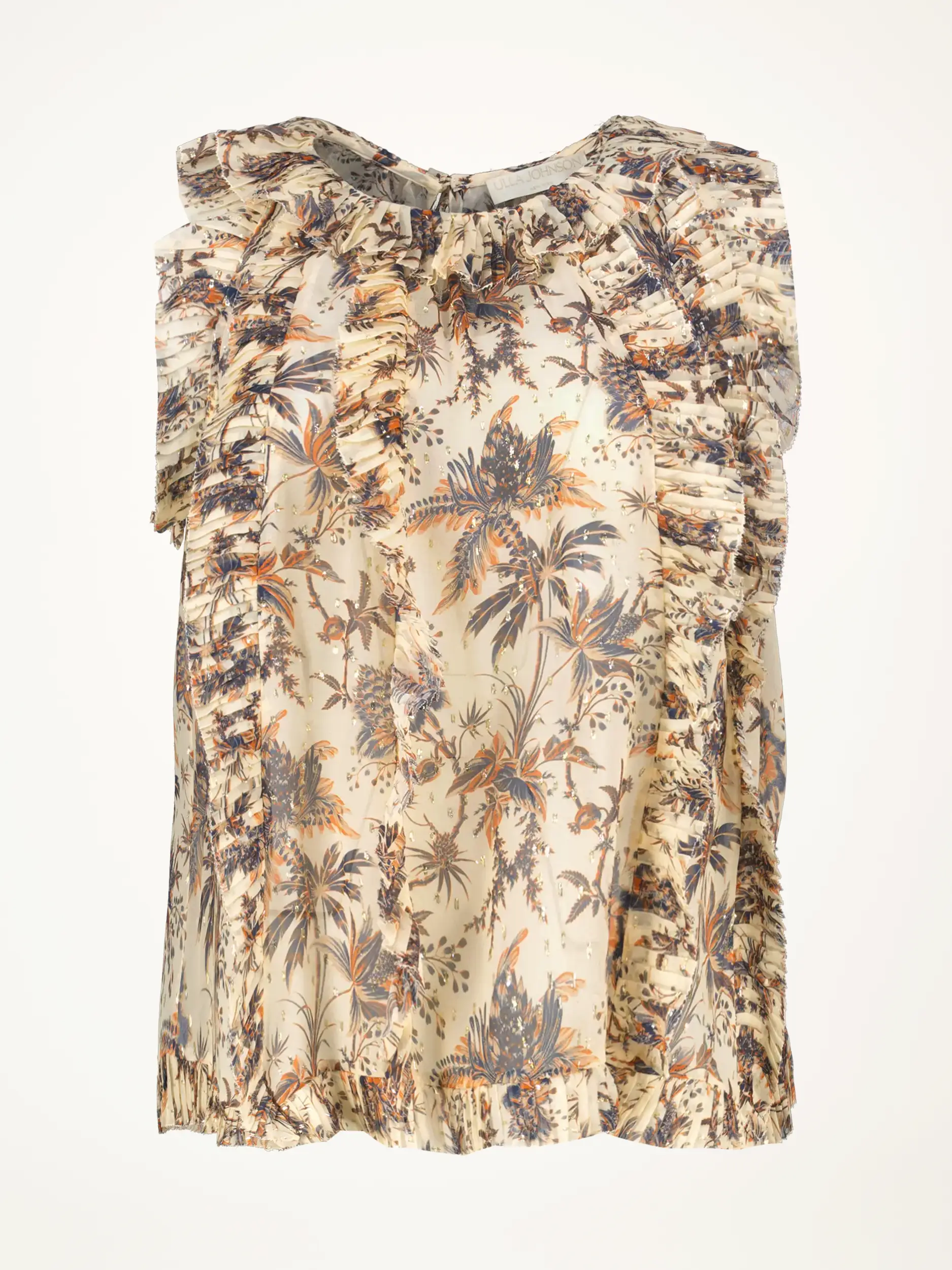 Geblümte Seidenbluse 'Sabra' mit Rüschen ärmellos - Artikelansicht - Farbe: Creme