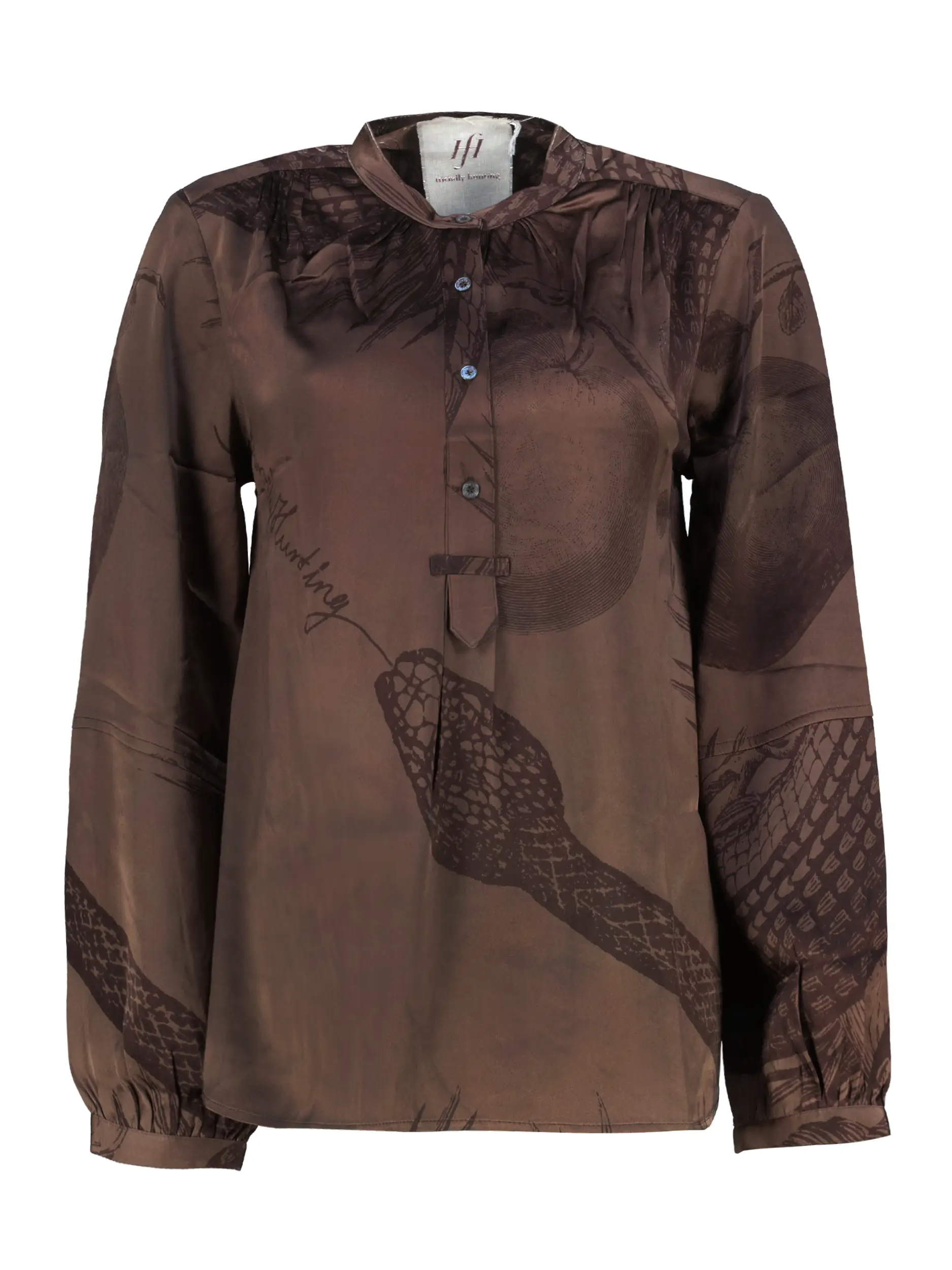 Gemusterte Bluse 'Mitra Garden Eden' aus Seide langarm - Artikel Vorderseite - Farbe: Braun