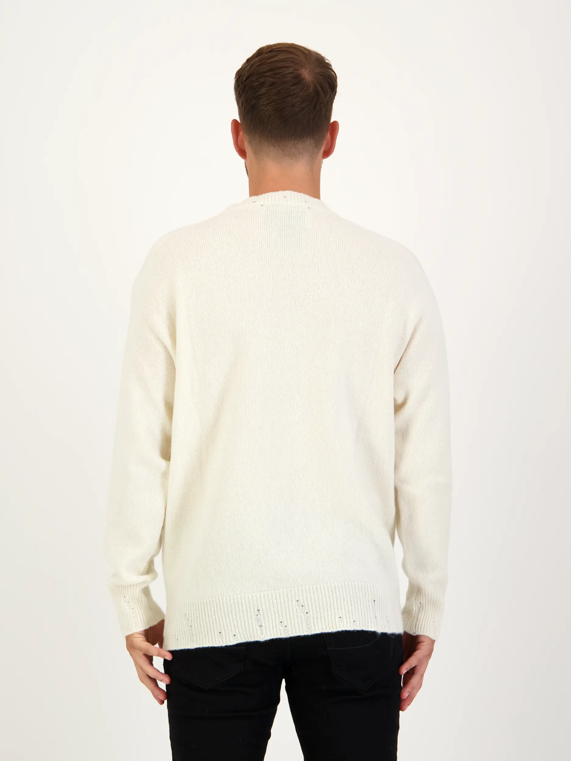 Pullover aus Kaschmir-Woll-Mix langarm - Artikel Rückseite getragen von einem Modell - Farbe: Beige