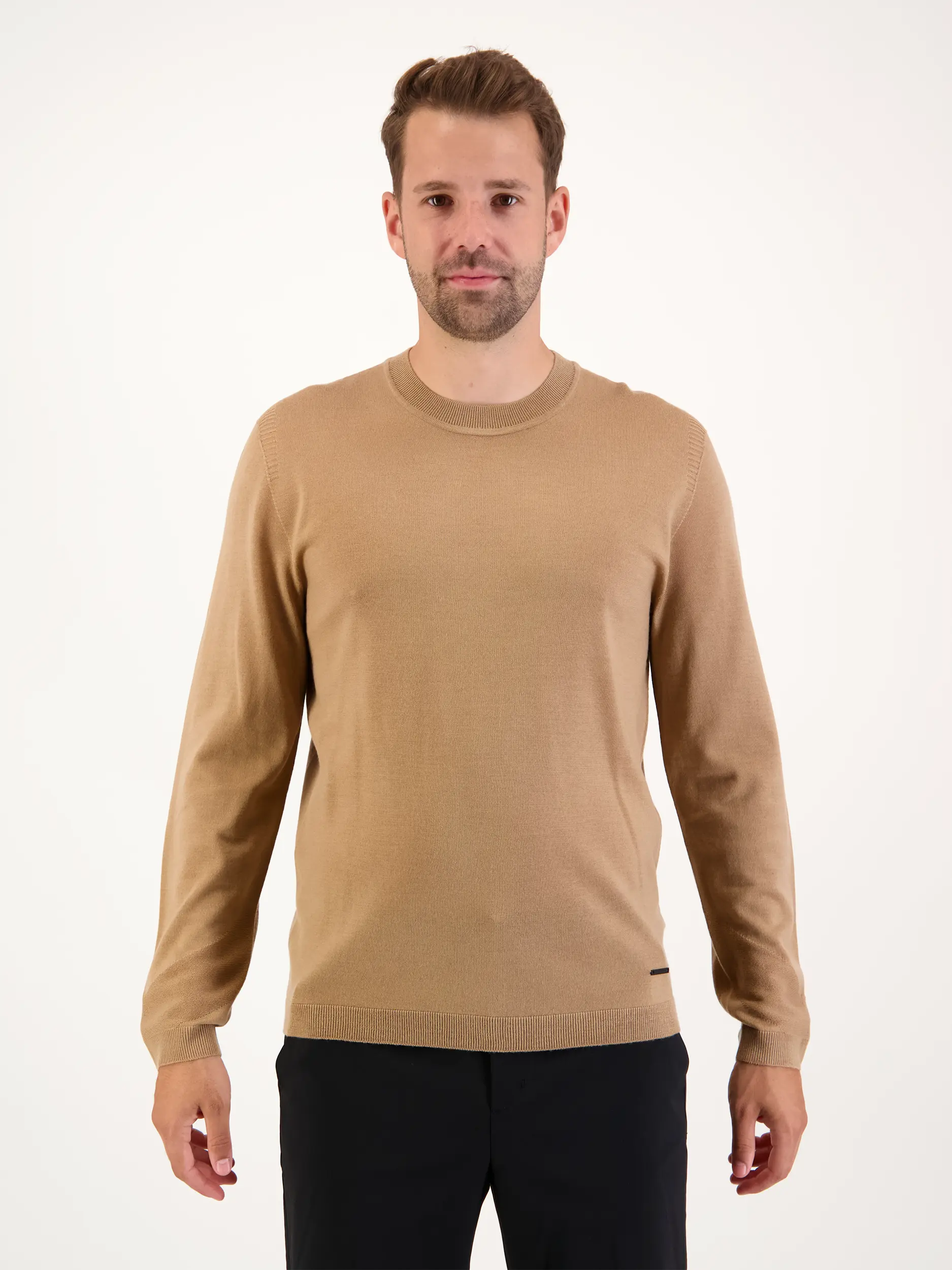 Pullover 'Foton' aus Wolle langarm - Artikel Vorderseite getragen von einem Modell - Farbe: Braun