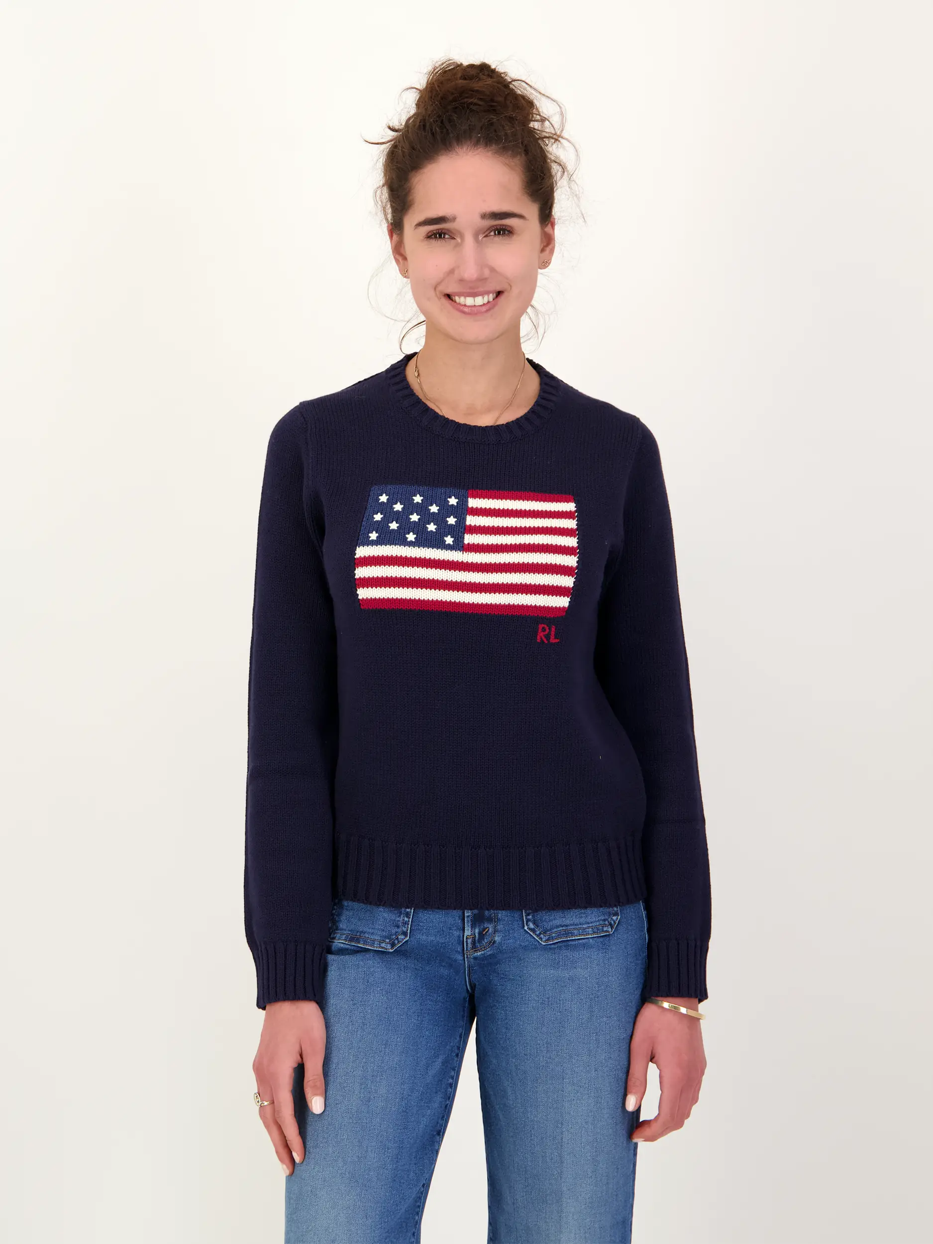 Pullover mit Logo langarm - Artikel Vorderseite getragen von einem Modell - Farbe: Blau