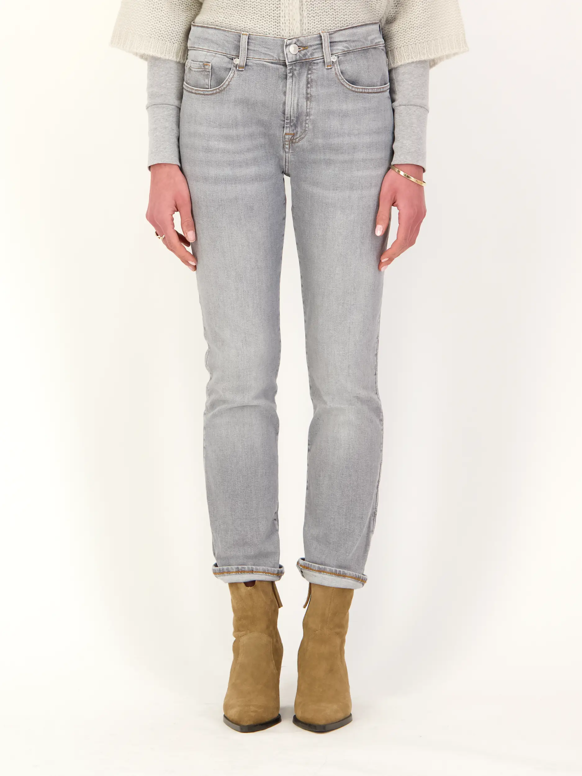 High Rise Skinny Jeans 'Relaxed Skinny' - Artikel Vorderseite getragen von einem Modell - Farbe: Grau