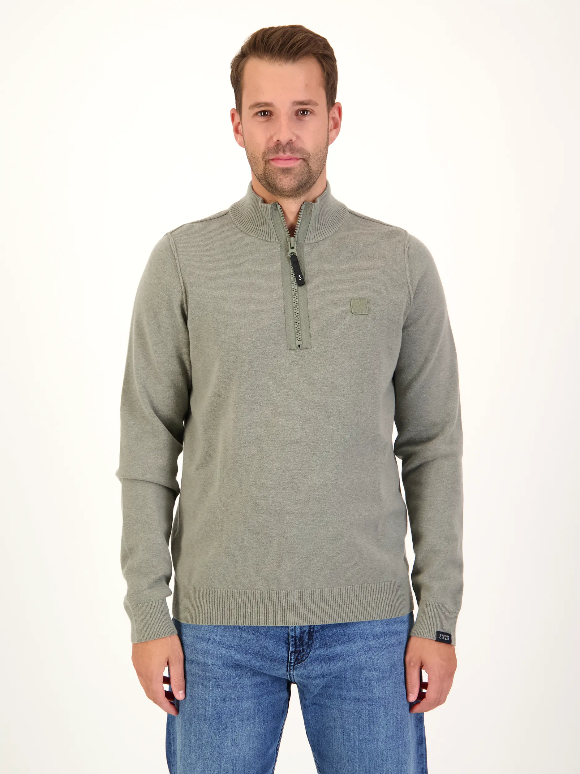 Pullover 'Clifden' aus Woll-Mix langarm - Artikel Vorderseite getragen von einem Modell - Farbe: Grün