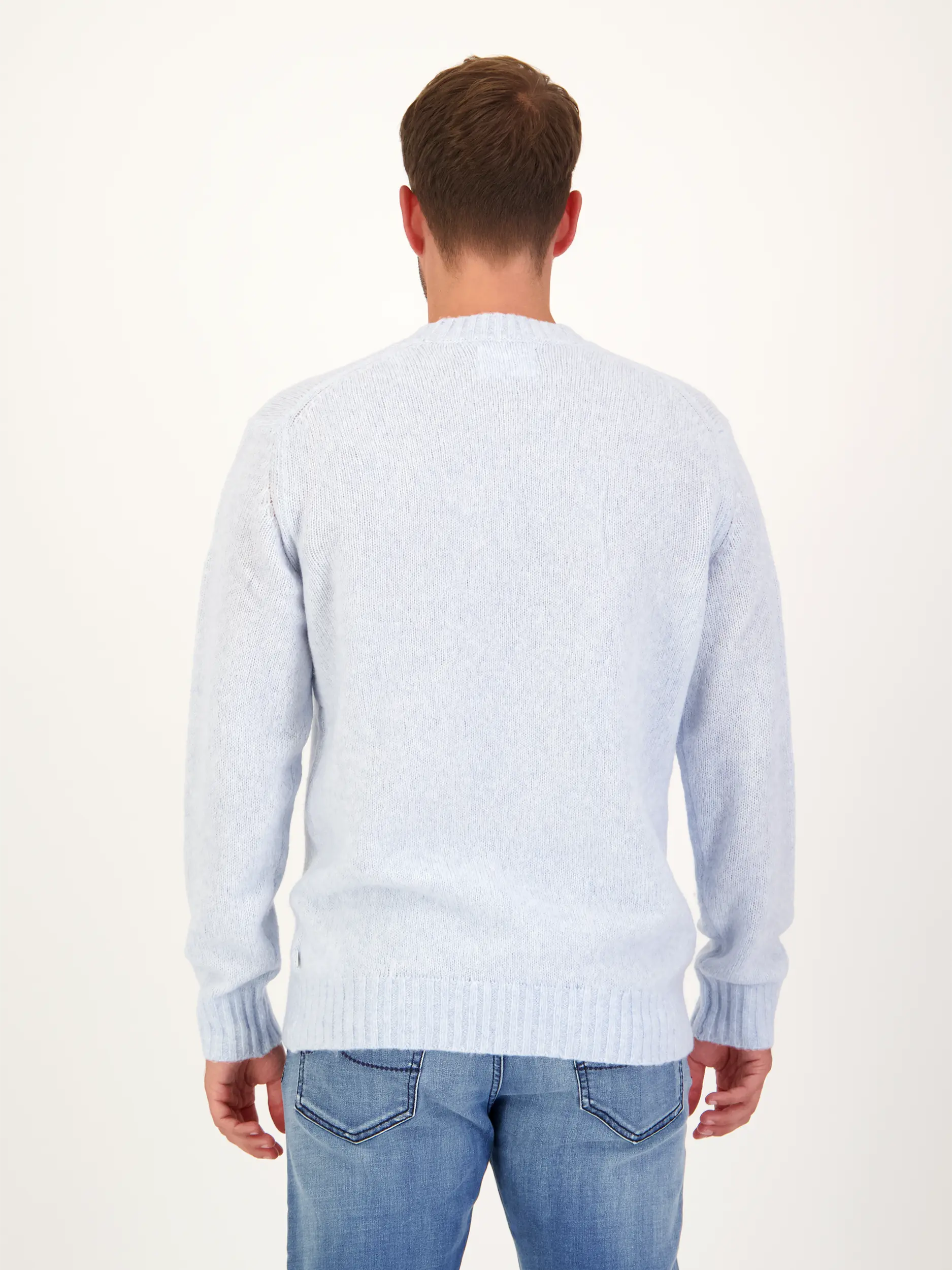 Pullover 'Lee' aus Merinowoll-Mix langarm - Artikel Rückseite getragen von einem Modell - Farbe: Blau