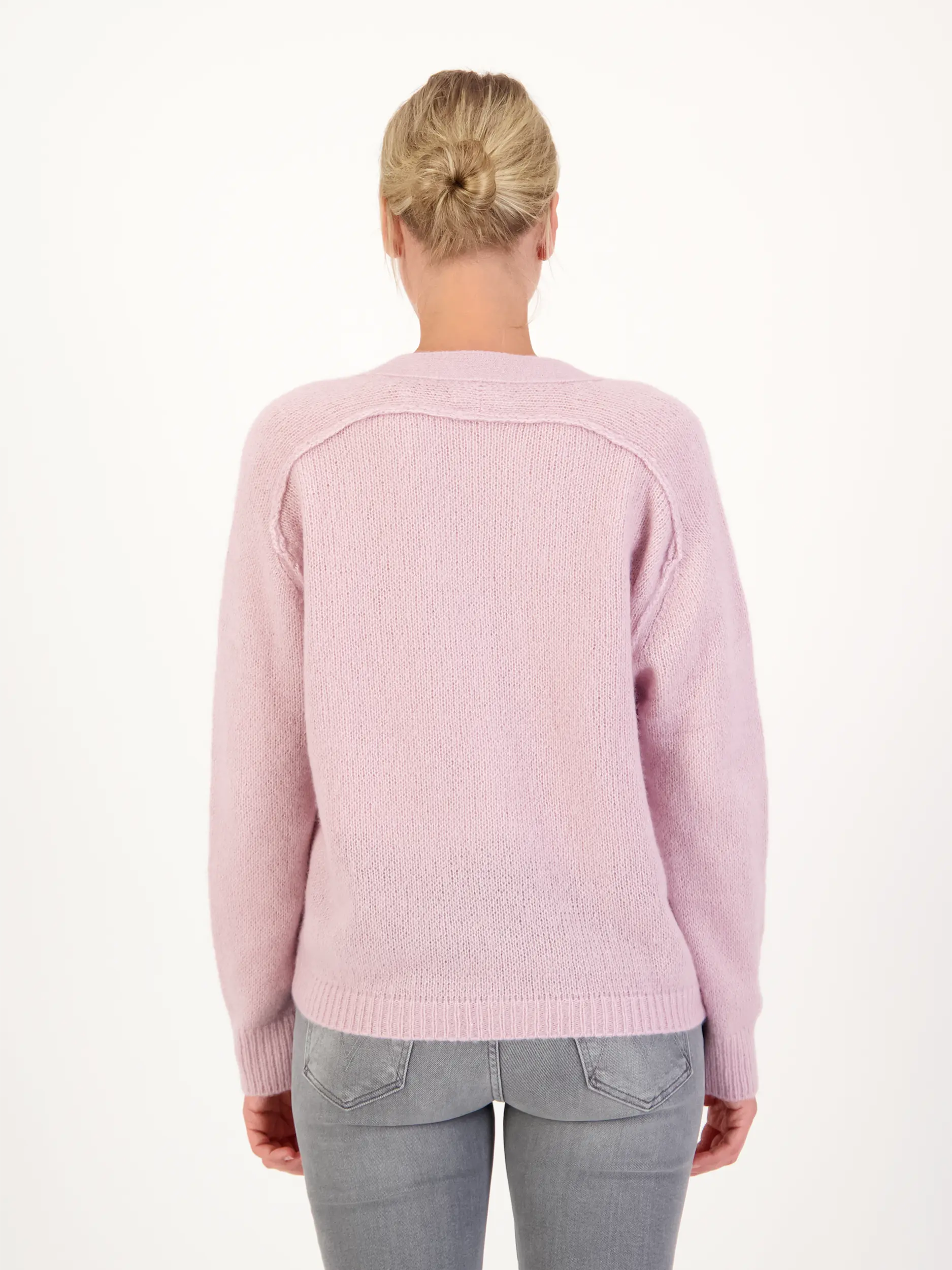 Strickjacke aus Kaschmir - Artikel Rückseite getragen von einem Modell - Farbe: Rosa&Pink