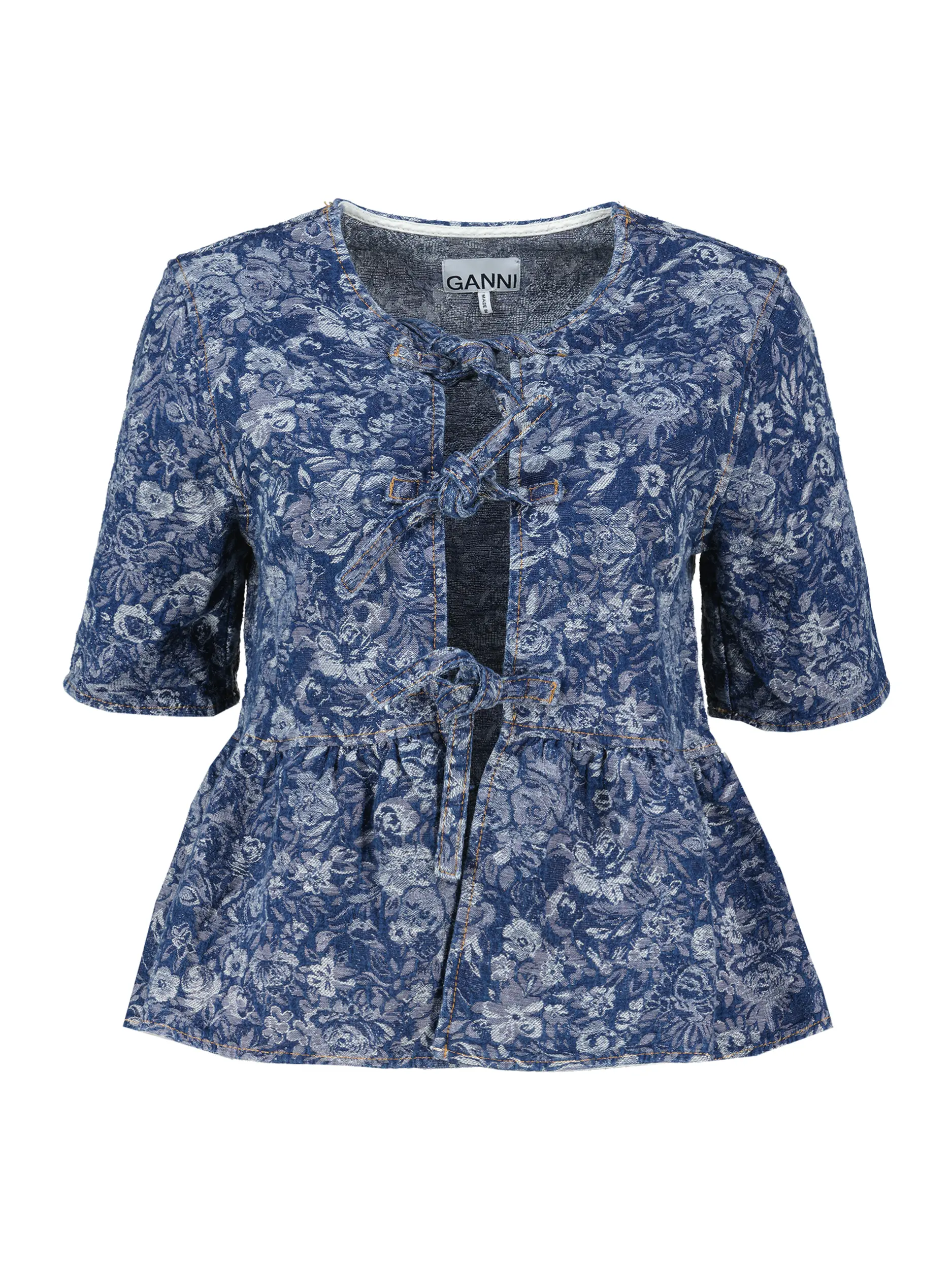 Jeansbluse mit Schleifen und Blumen Print kurzarm - Artikel Vorderseite - Farbe: Blau