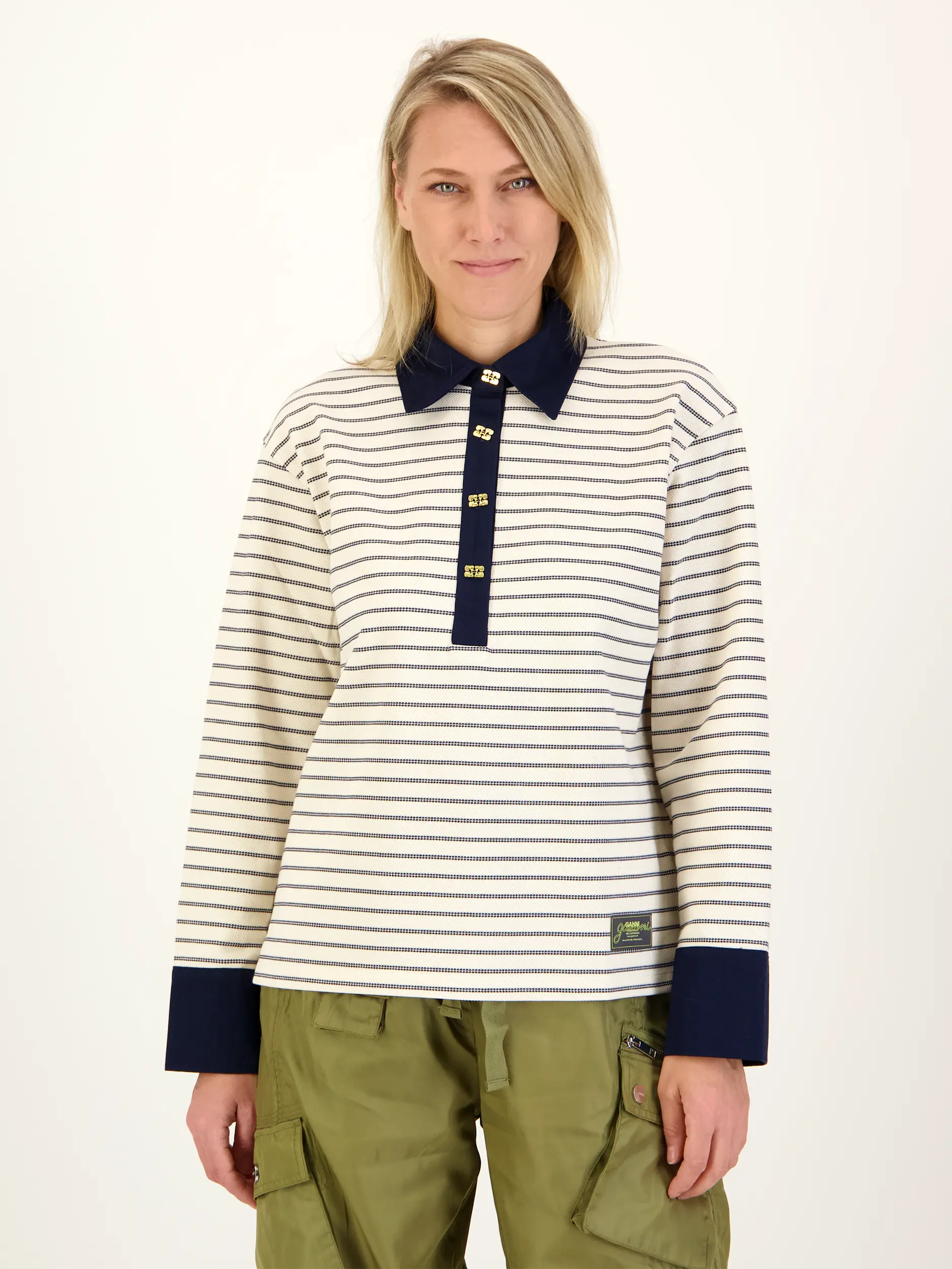 Gestreiftes Poloshirt langarm - Artikel Vorderseite getragen von einem Modell