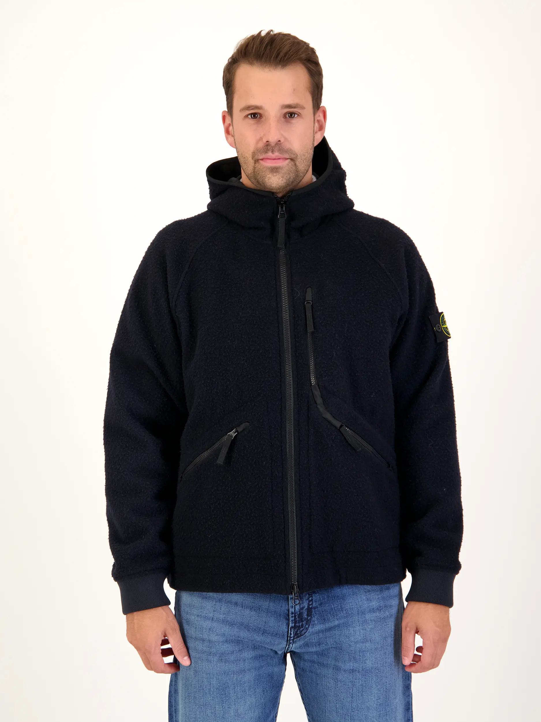 Jacke aus Schurwoll-Mix - Artikel Vorderseite getragen von einem Modell - Farbe: Blau