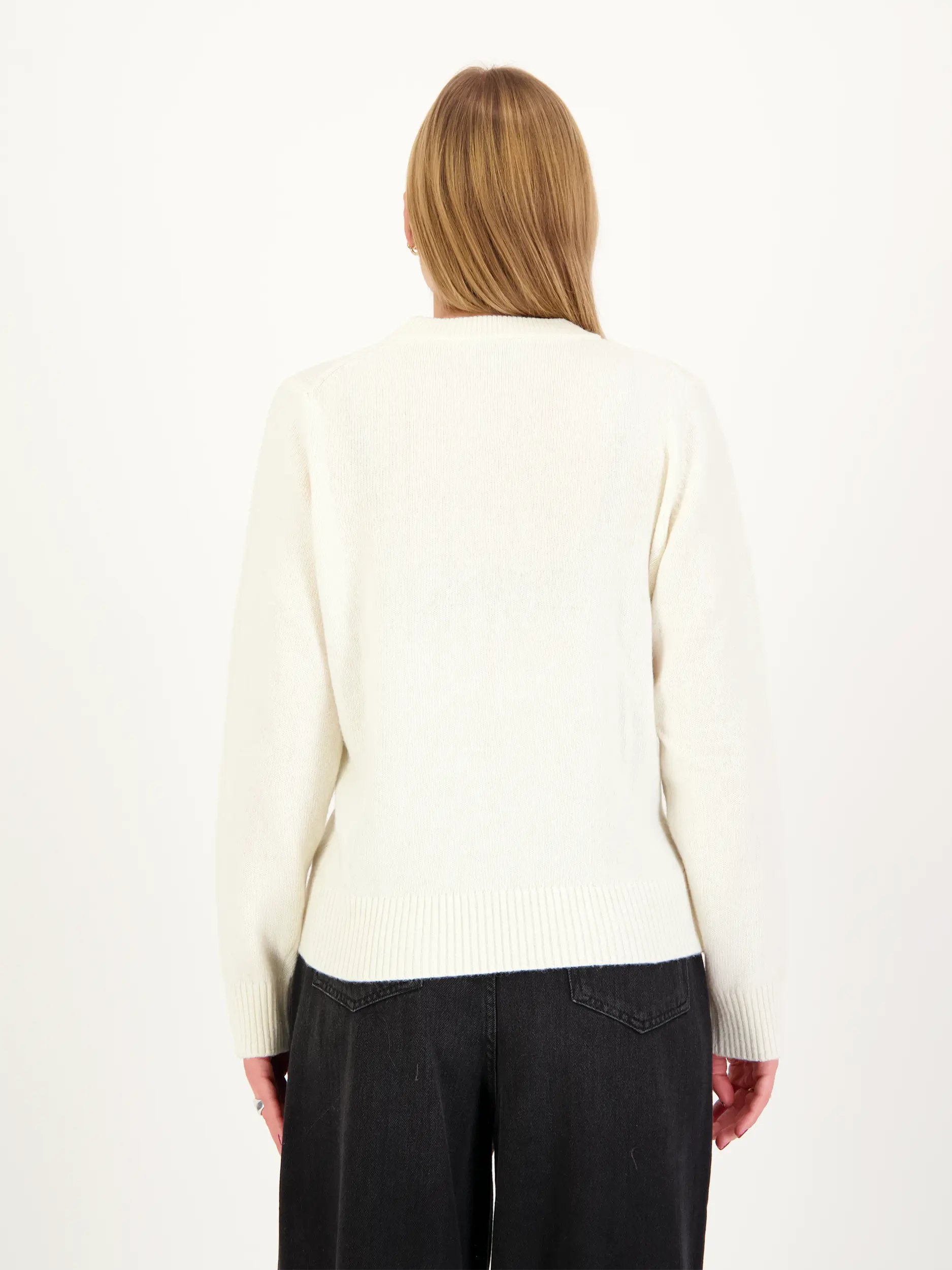 Pullover aus Wolle mit Print langarm - Artikel Rückseite getragen von einem Modell - Farbe: Creme