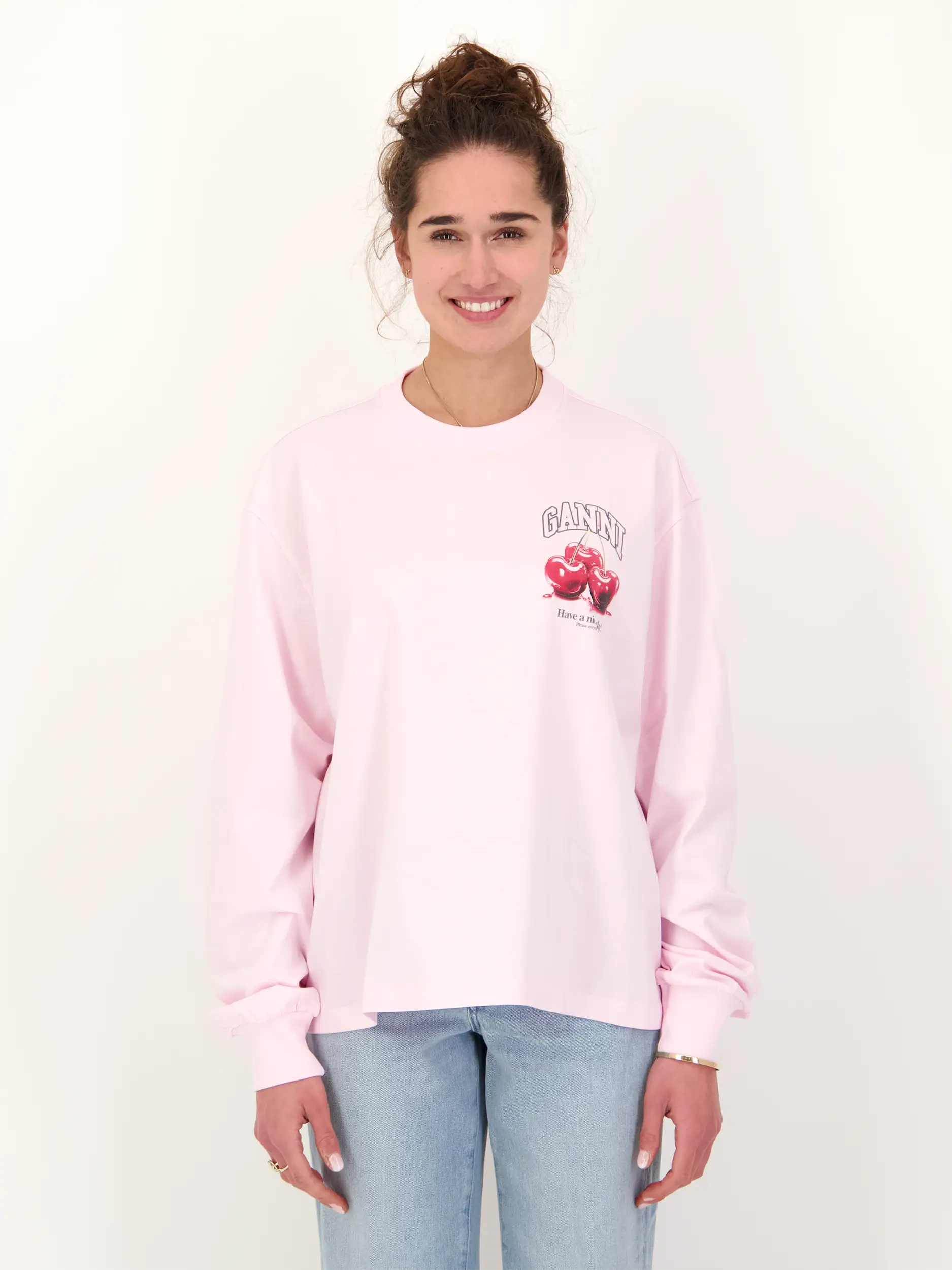 Shirt langarm - Artikel Vorderseite getragen von einem Modell - Farbe: Rosa&Pink