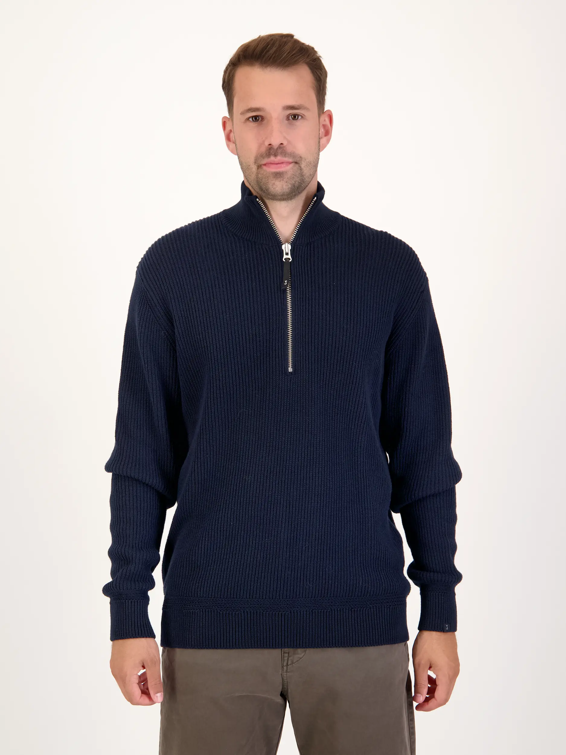 Gerippter Pullover langarm - Artikel Vorderseite getragen von einem Modell - Farbe: Blau