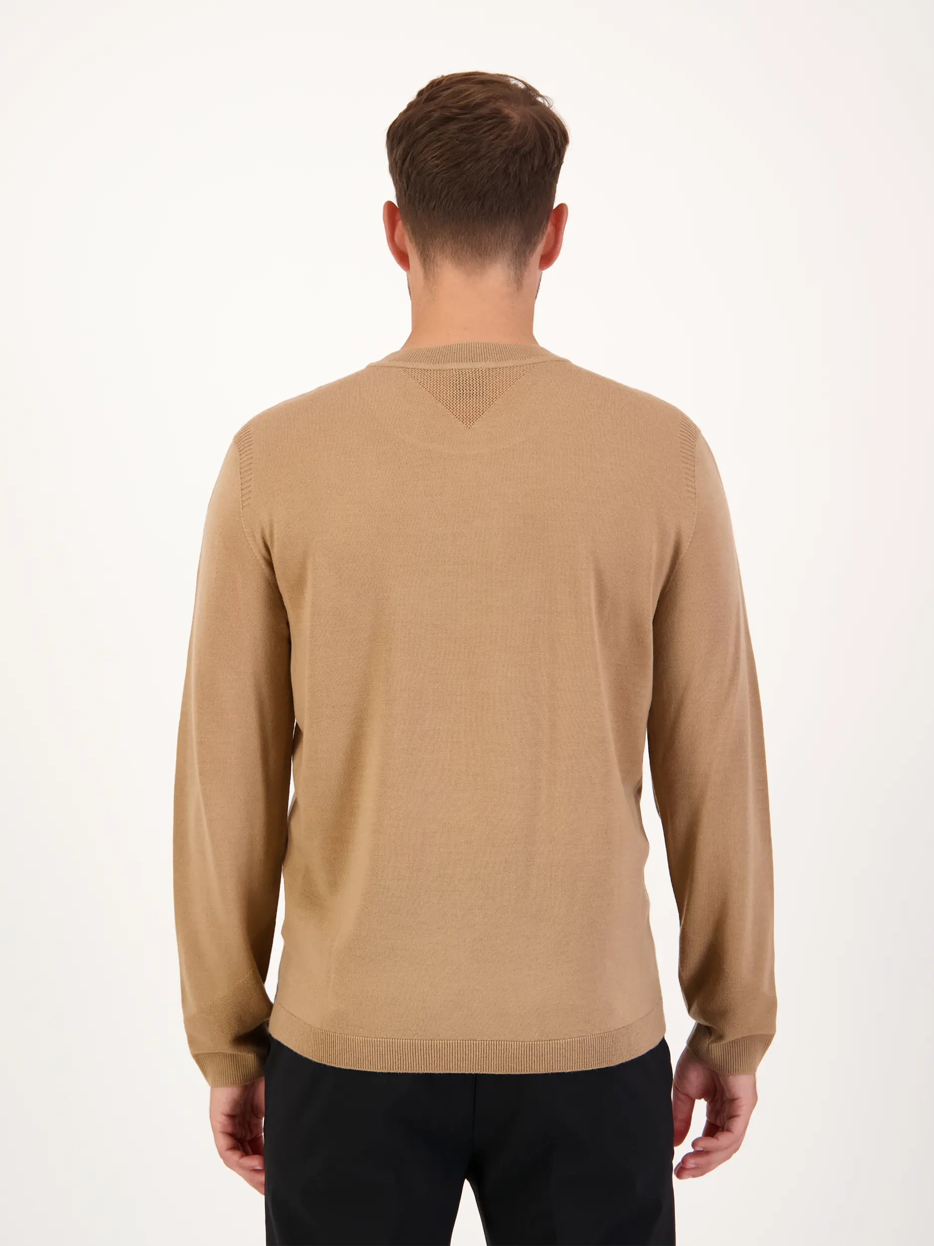 Pullover 'Foton' aus Wolle langarm - Artikel Rückseite getragen von einem Modell - Farbe: Braun