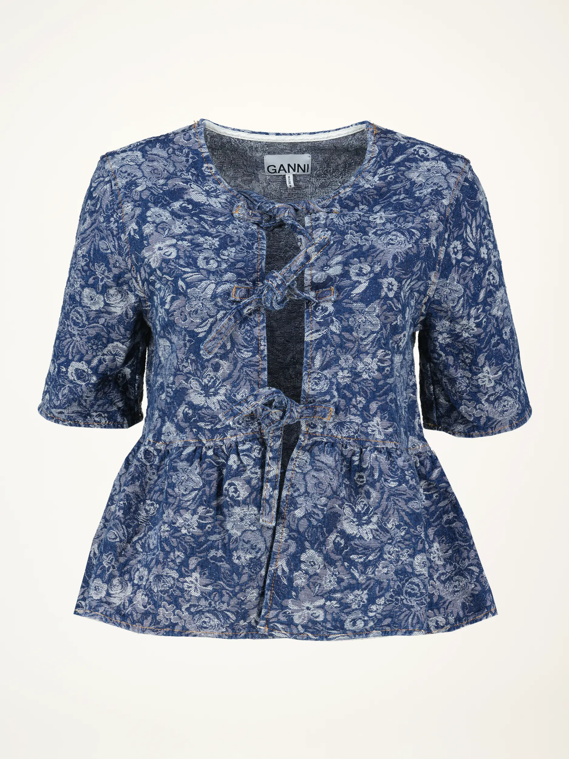 Jeansbluse mit Schleifen und Blumen Print kurzarm - Artikelansicht - Farbe: Blau