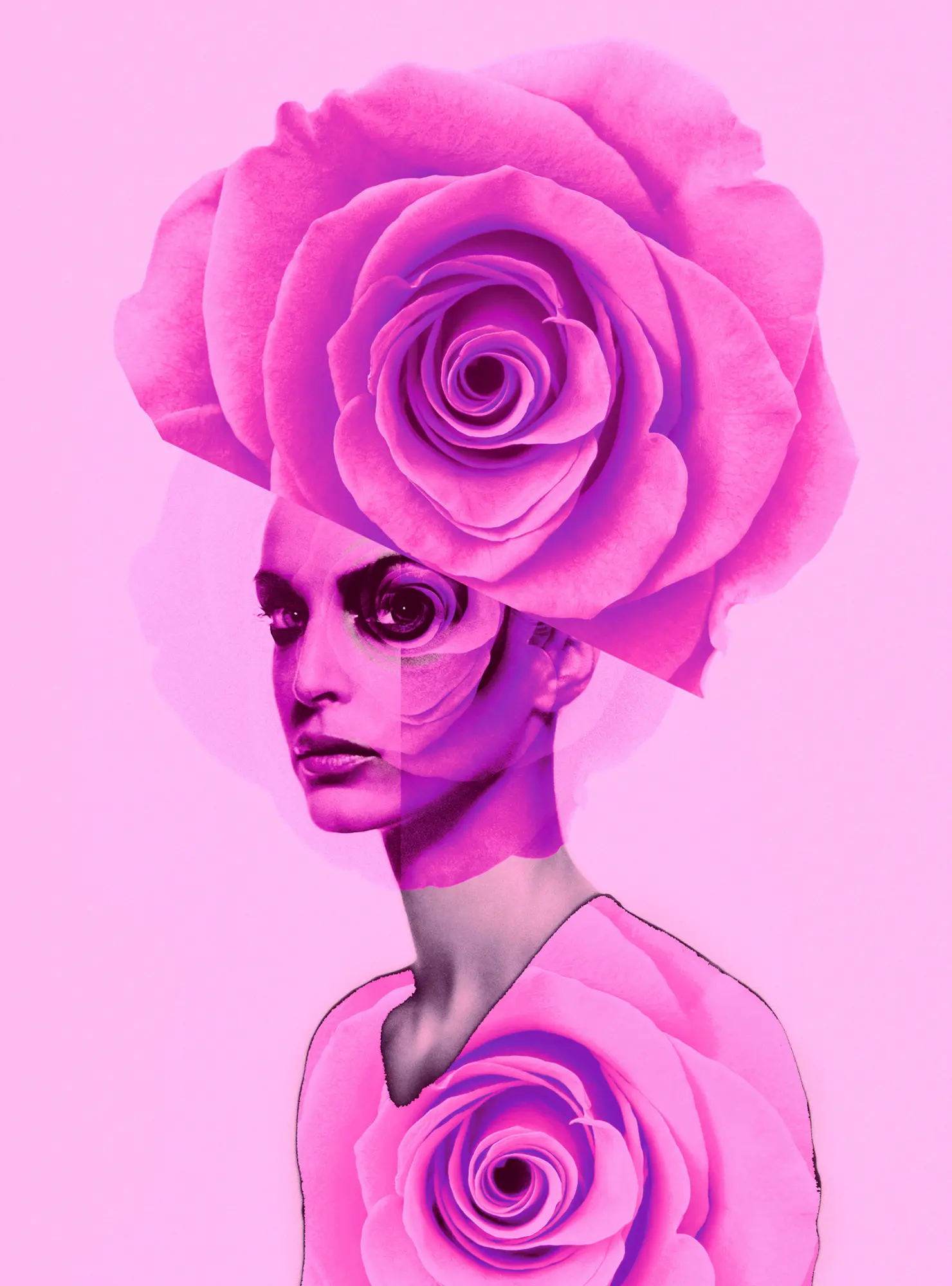 Das Bild zeigt eine pinke Illustration von einer Frau mit Blumen