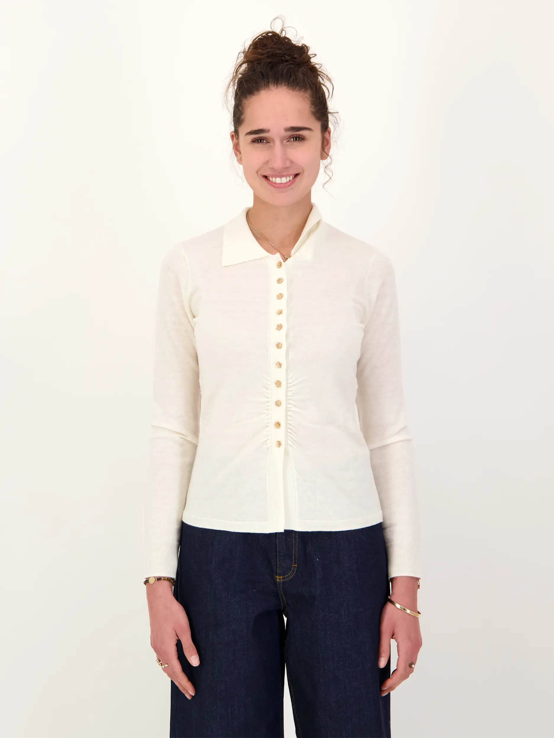 Poloshirt aus Wolle - Artikel Vorderseite getragen von einem Modell - Farbe: Creme