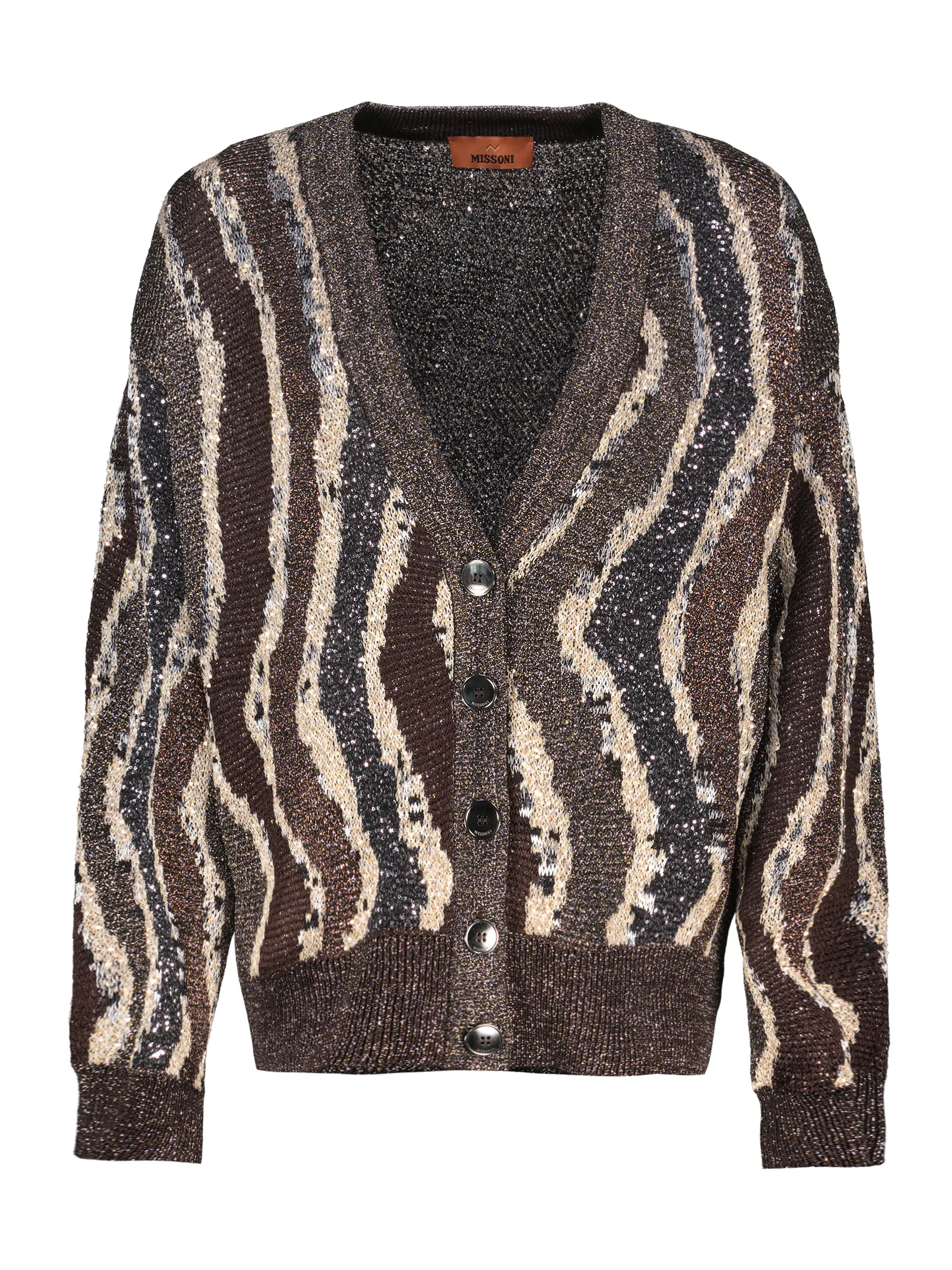 Gemusterte Strickjacke mit Glitzer - Artikel Vorderseite - Farbe: Braun