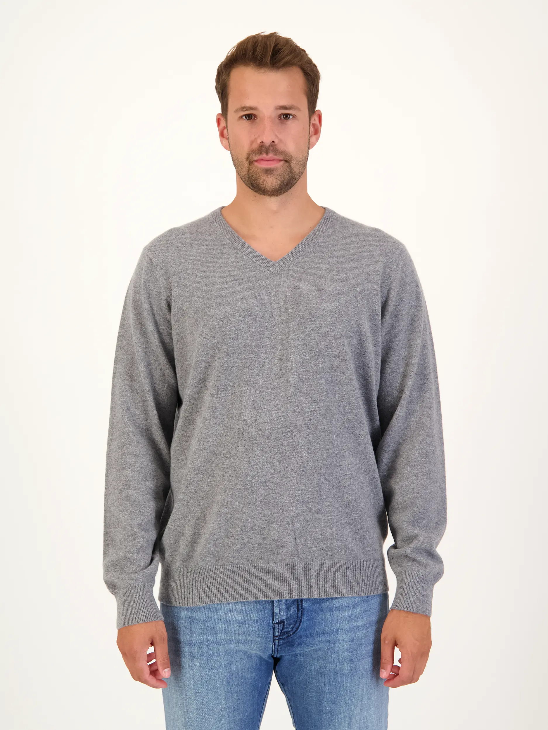 Pullover aus Kaschmir langarm - Artikel Vorderseite getragen von einem Modell - Farbe: Grau