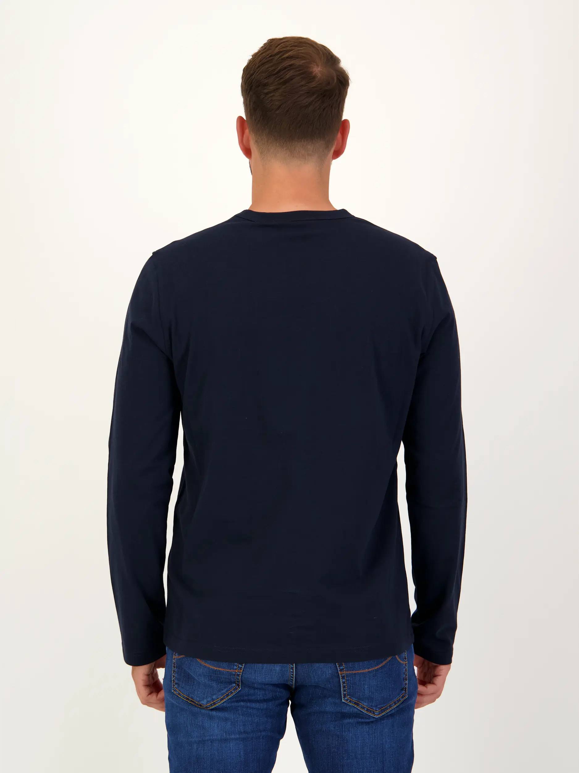 Langarmshirt - Artikel Rückseite getragen von einem Modell - Farbe: Blau