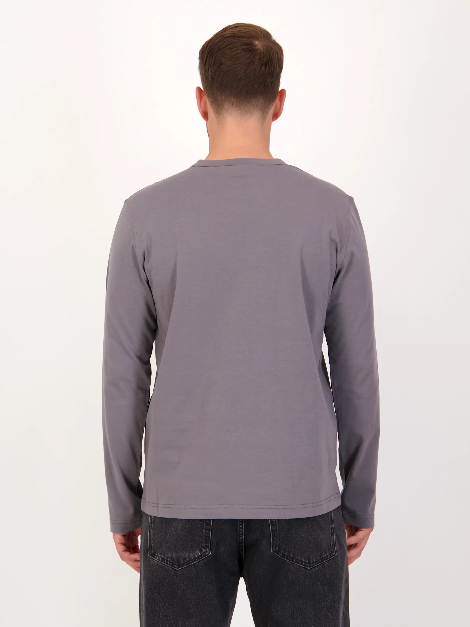 Langarmshirt - Artikel Rückseite getragen von einem Modell - Farbe: Grau